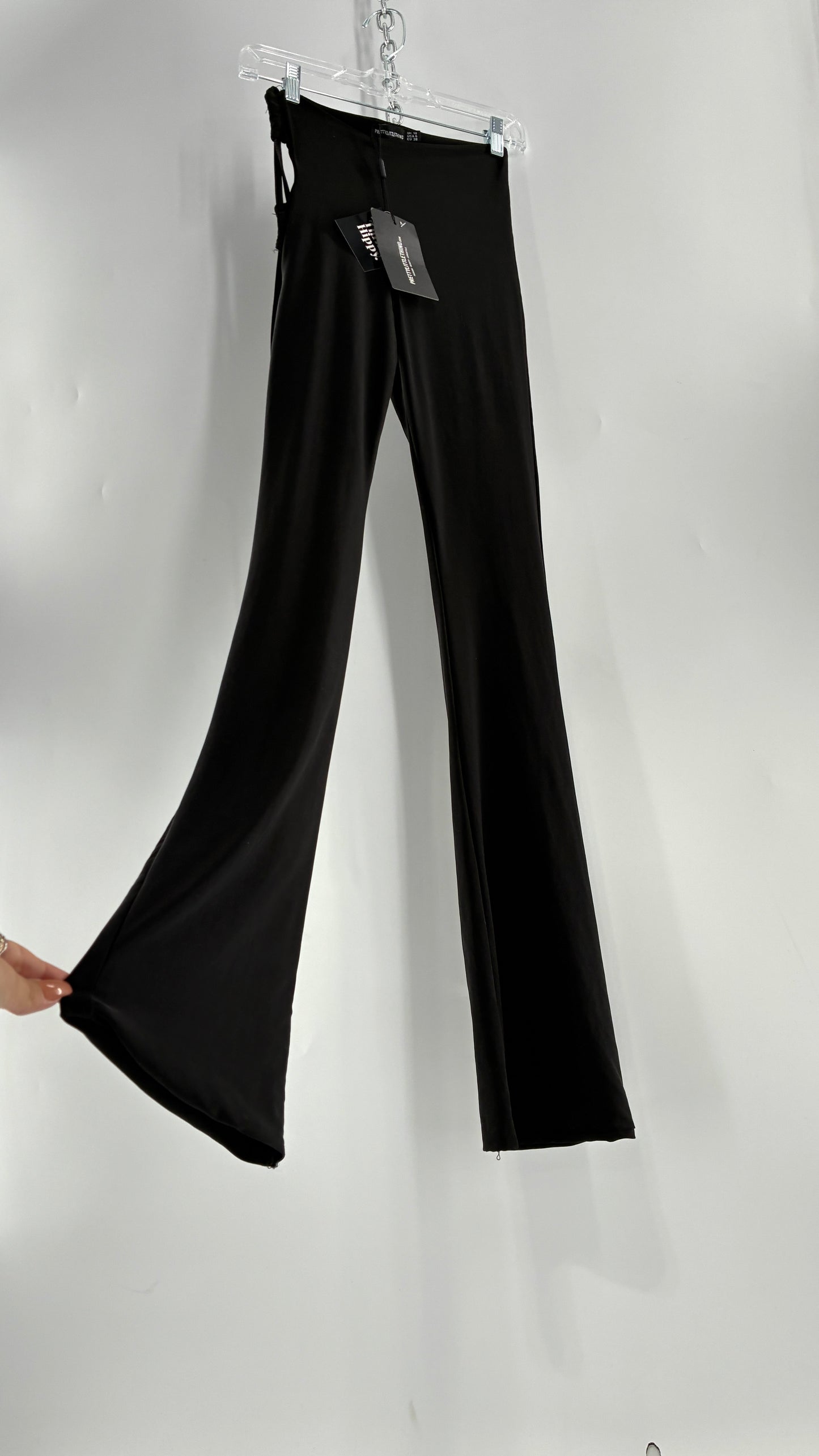 Pretty Little Thing Black Slinky Tie Side Cut Out Flared Double Lined Thick Trousers with Tags Attached (10)