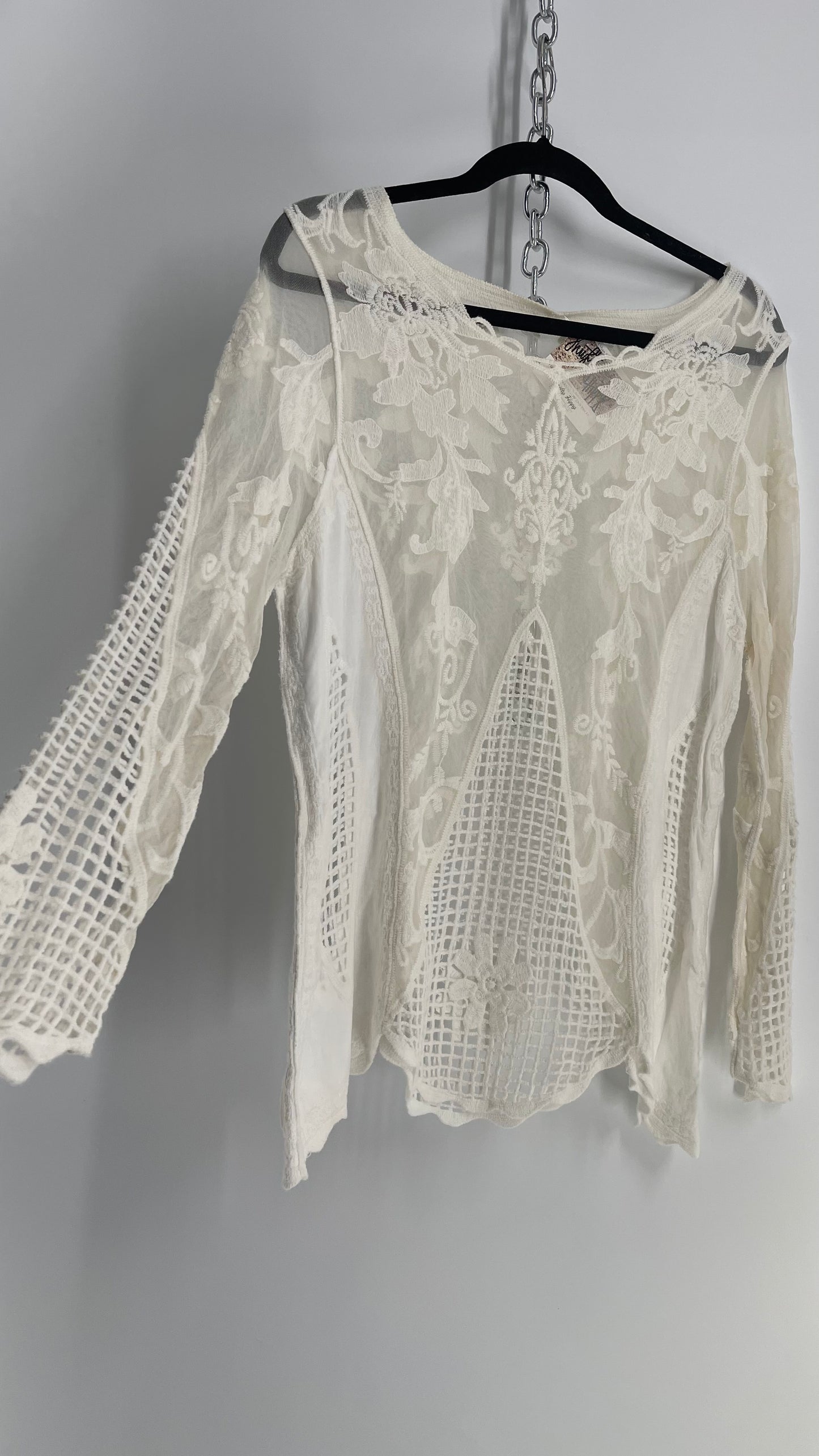 Embroidered Off White Lace and Mesh Paneled Long Sleeve (Medium)