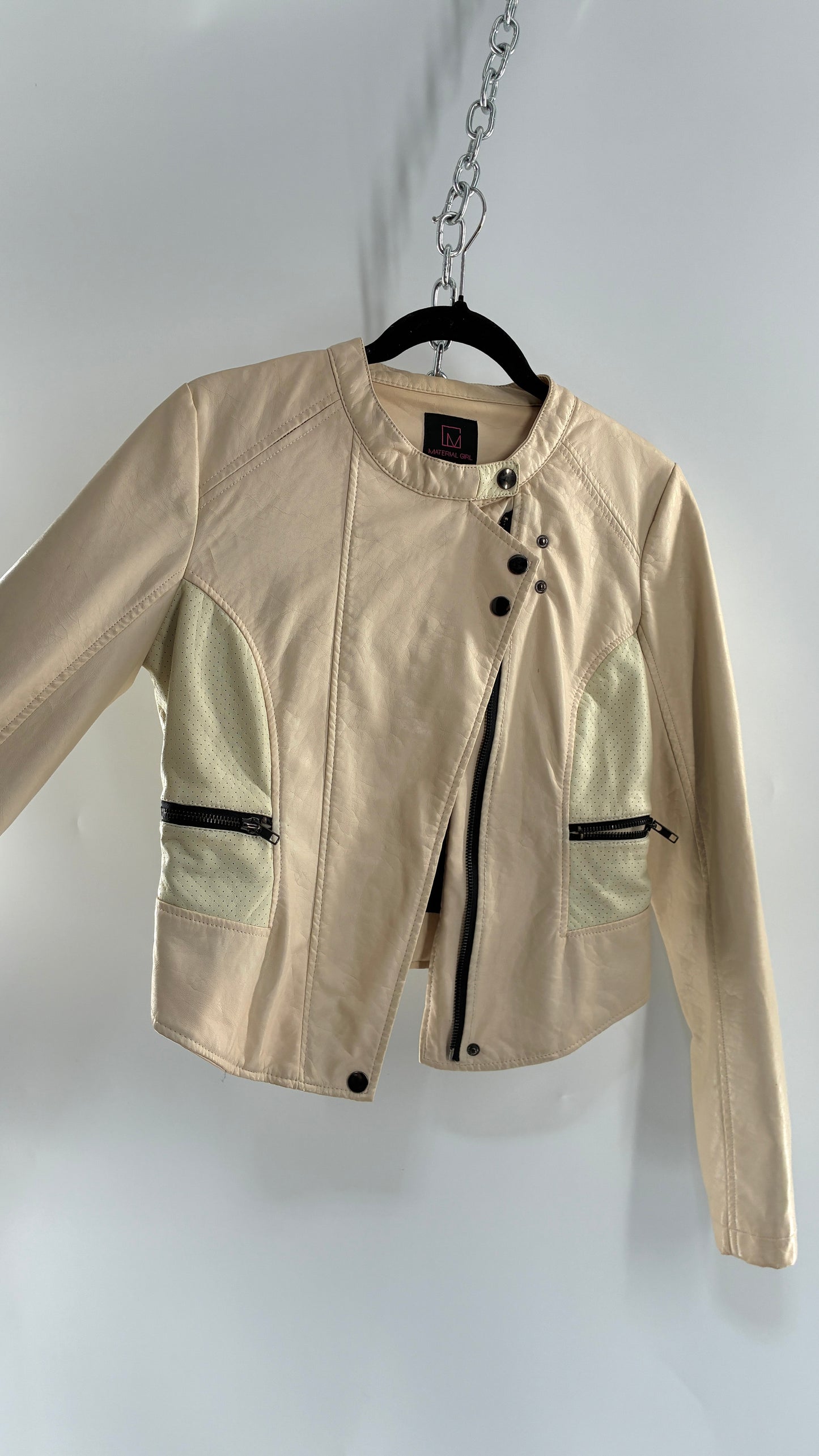 Vintage MATERIAL GIRL Cream Vegan Leather Moto Jacket with Contrast Zipper and Neck Strap (Small)