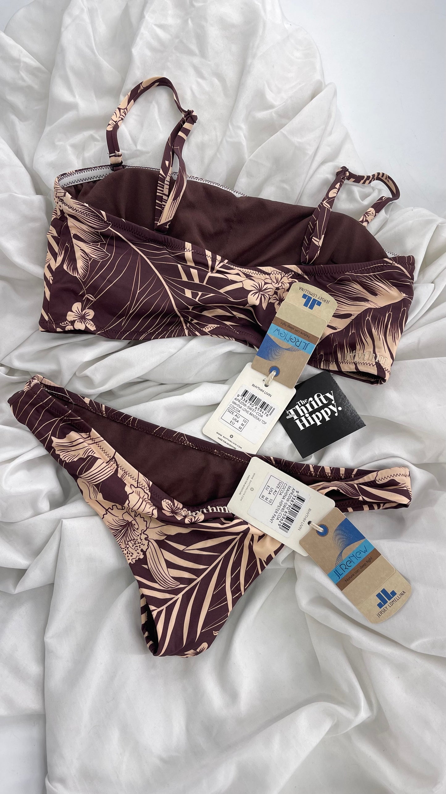 RHYTHM Brown and Beige Tropical Palm Patterned Swim Set with Tags Attached