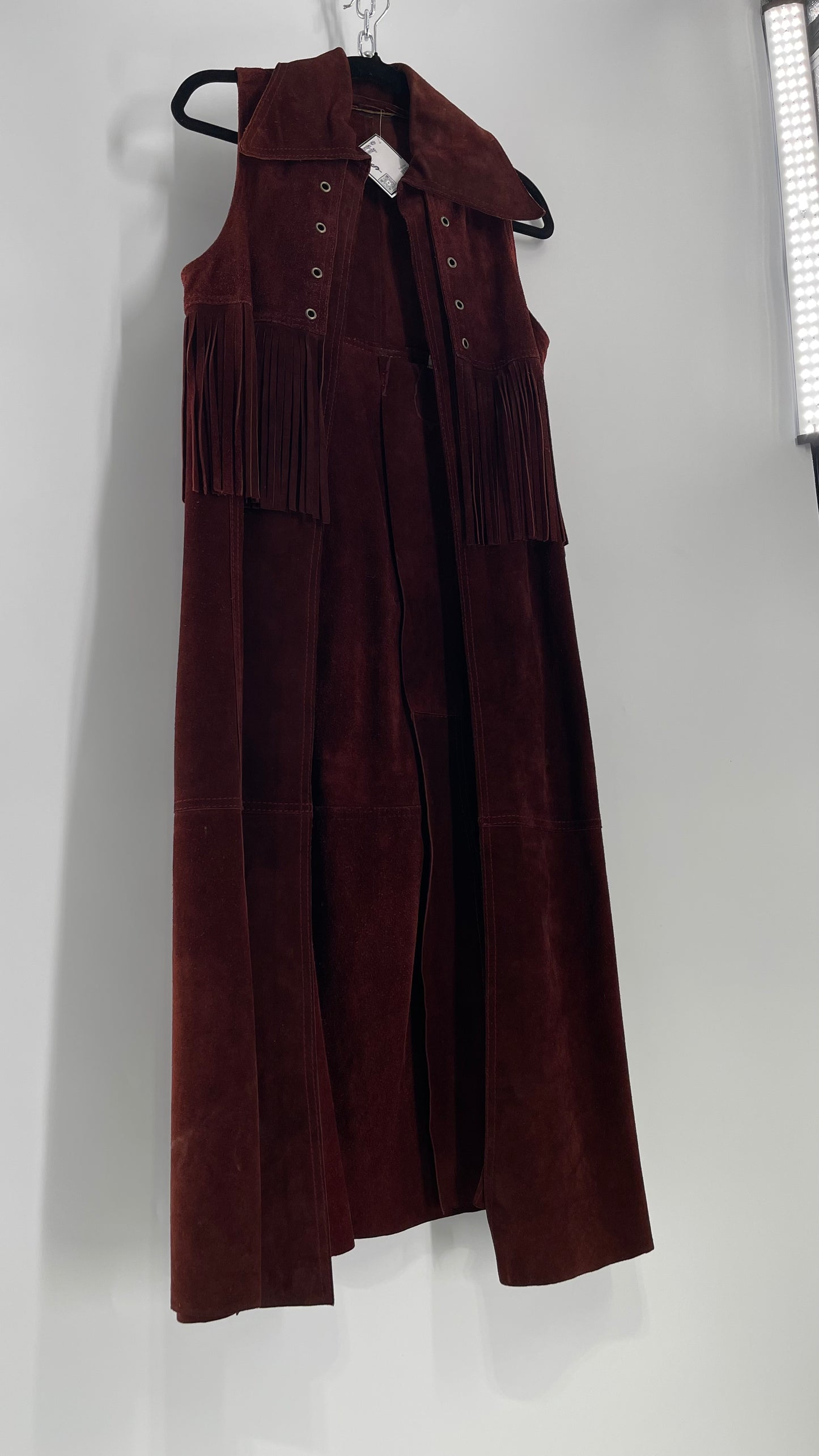 Vintage 1970s Suede Leather Full Length Reddish Brown Vest (S/M)