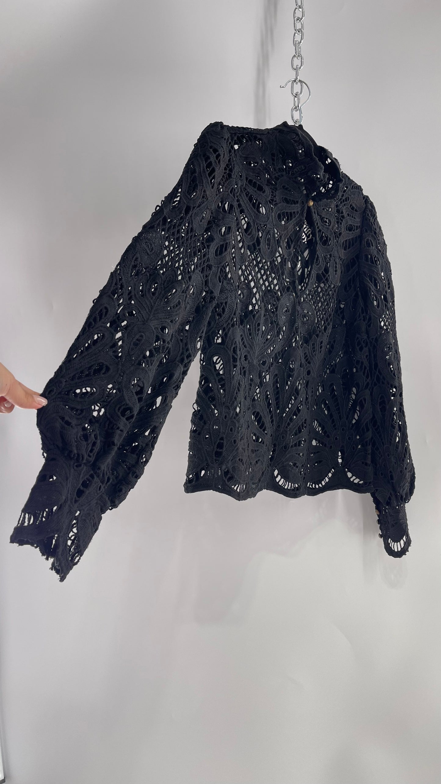 Anthropologie Black Heavy Thick Lace Blouse with Balloon Sleeves (Small)