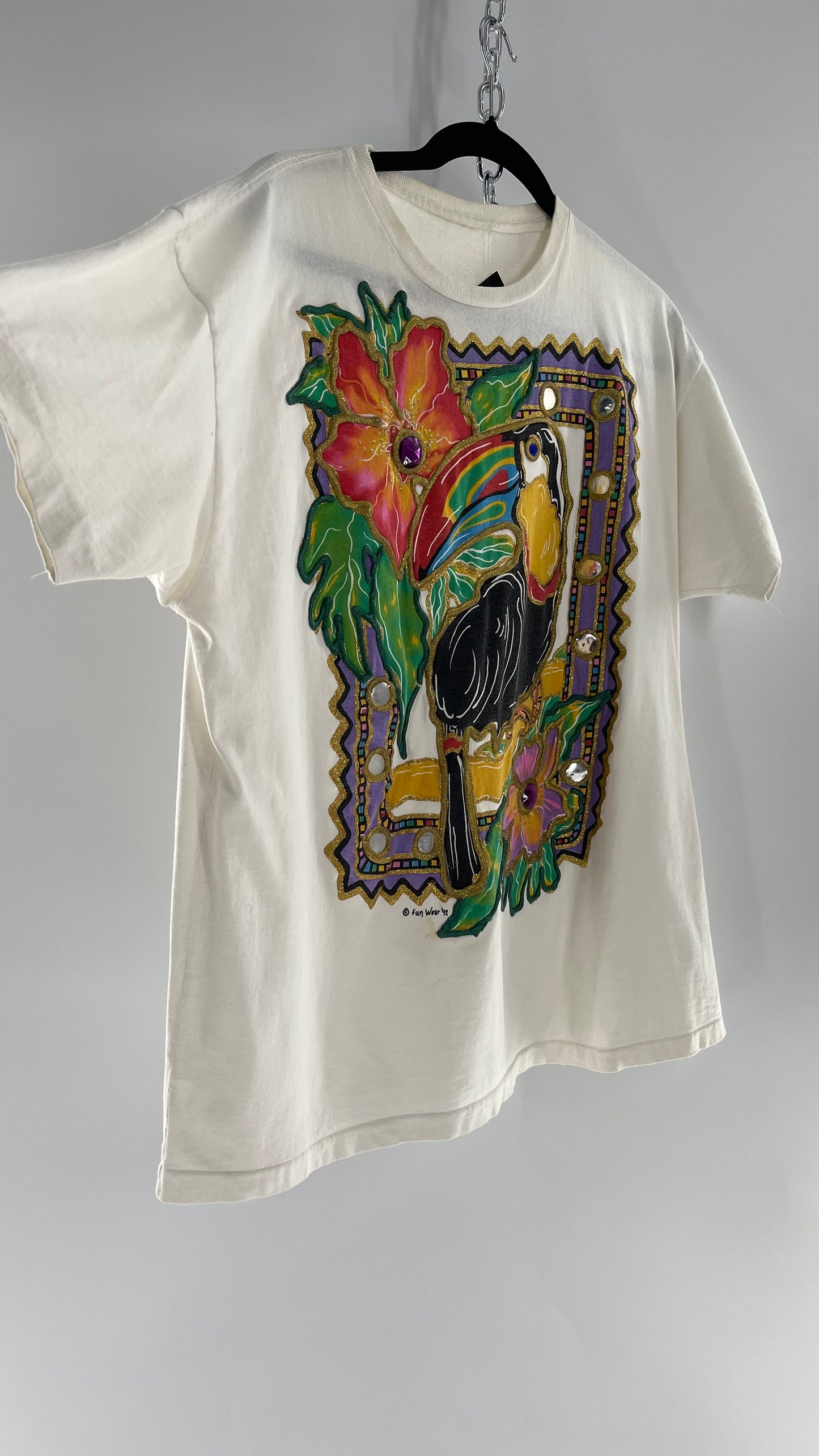 Vintage FUNWEAR 1992 White T Shirt Hand Dyed and Puff Painted with Tropical Motifs (M/L)