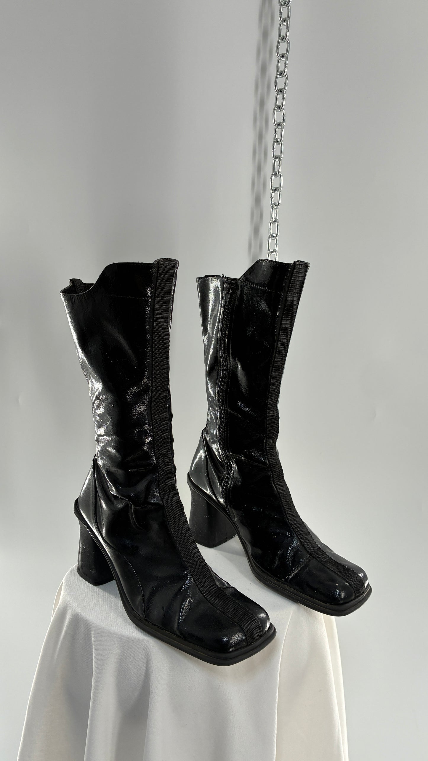 Vintage Black Patent Vinyl Boots with Square Toe and Block Heel with High, Low Calf (40)