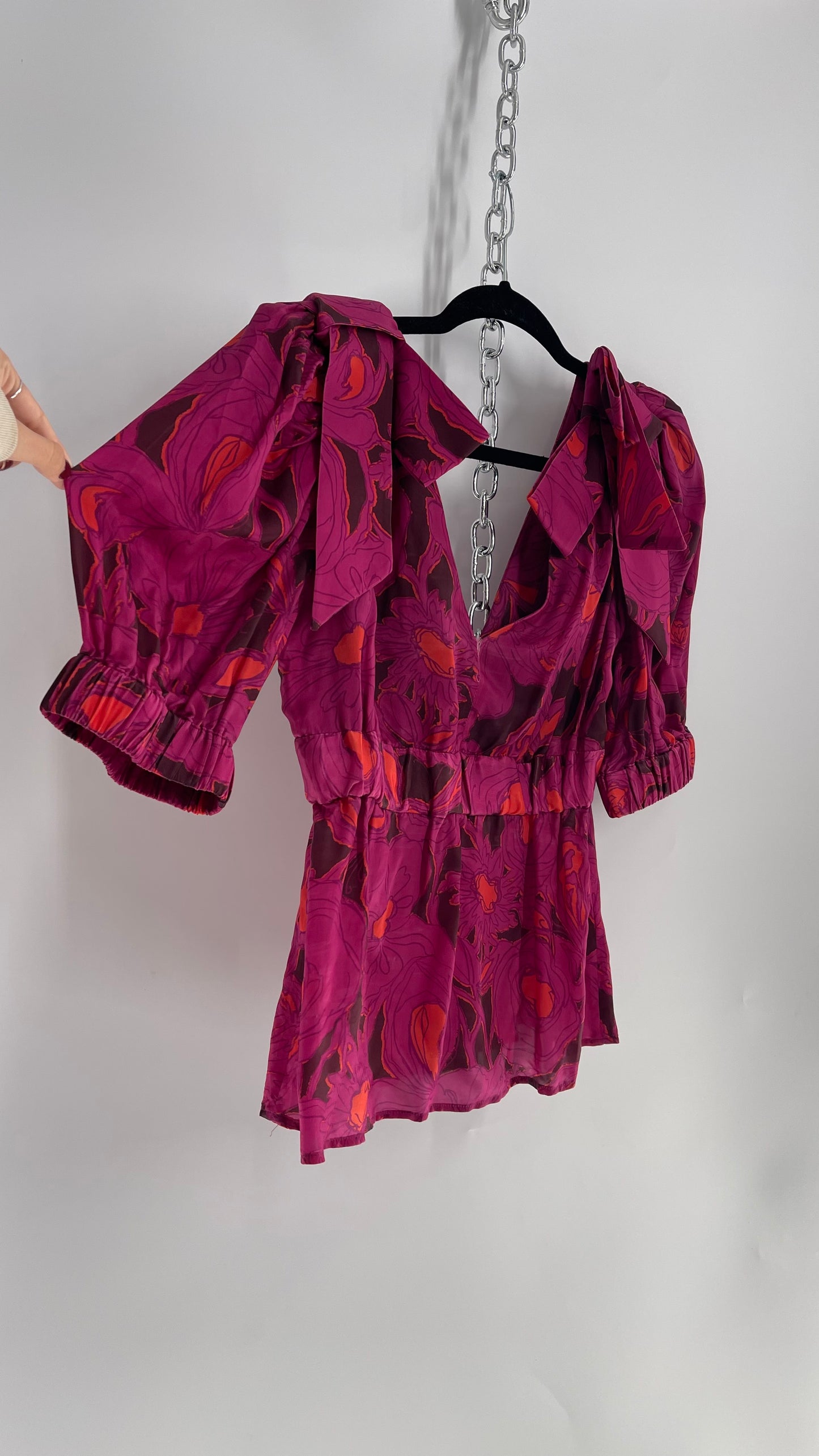 Hope for Flowers Tracy Reese Silky Bow Shoulder Fuchsia Hot Pink Floral Top (4)