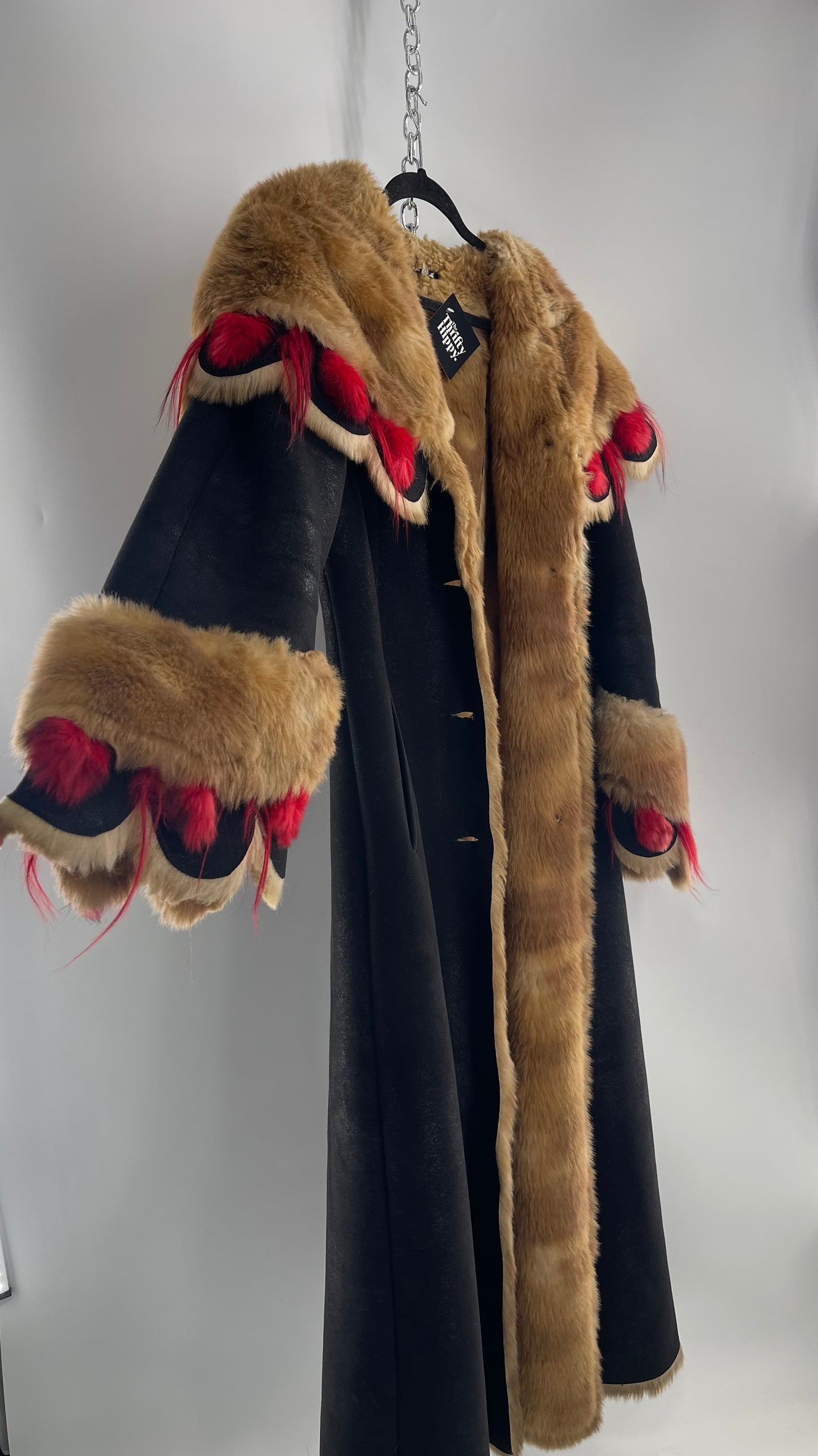 Vintage Russian Black Coat with Brown Fur Piping/Lining, Red Feathers, Scalloped Sleeve, and Hood (Medium)