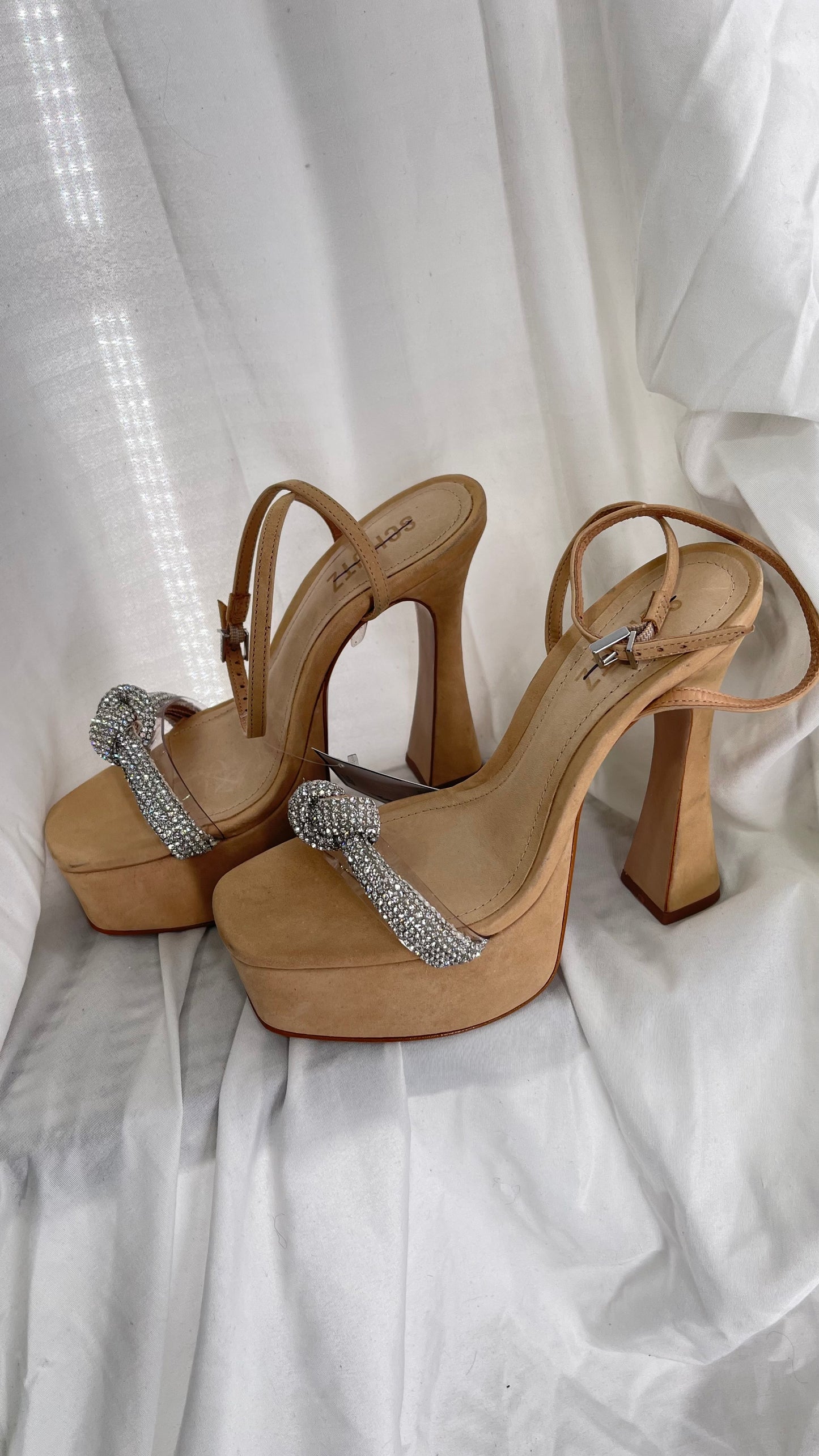 SCHÜTZ Peaky Beige/Tan/Nude Platform Heel with Funky Heel and Clear Knot Rhinestone Toe Strap (6)