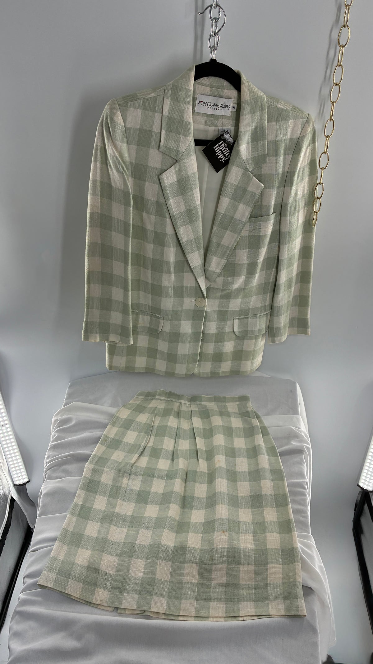 Vintage JH COLLECTIBLES 100% Rayon, Sage Gingham Suit Set (6 Skirt, 4 Blazer)