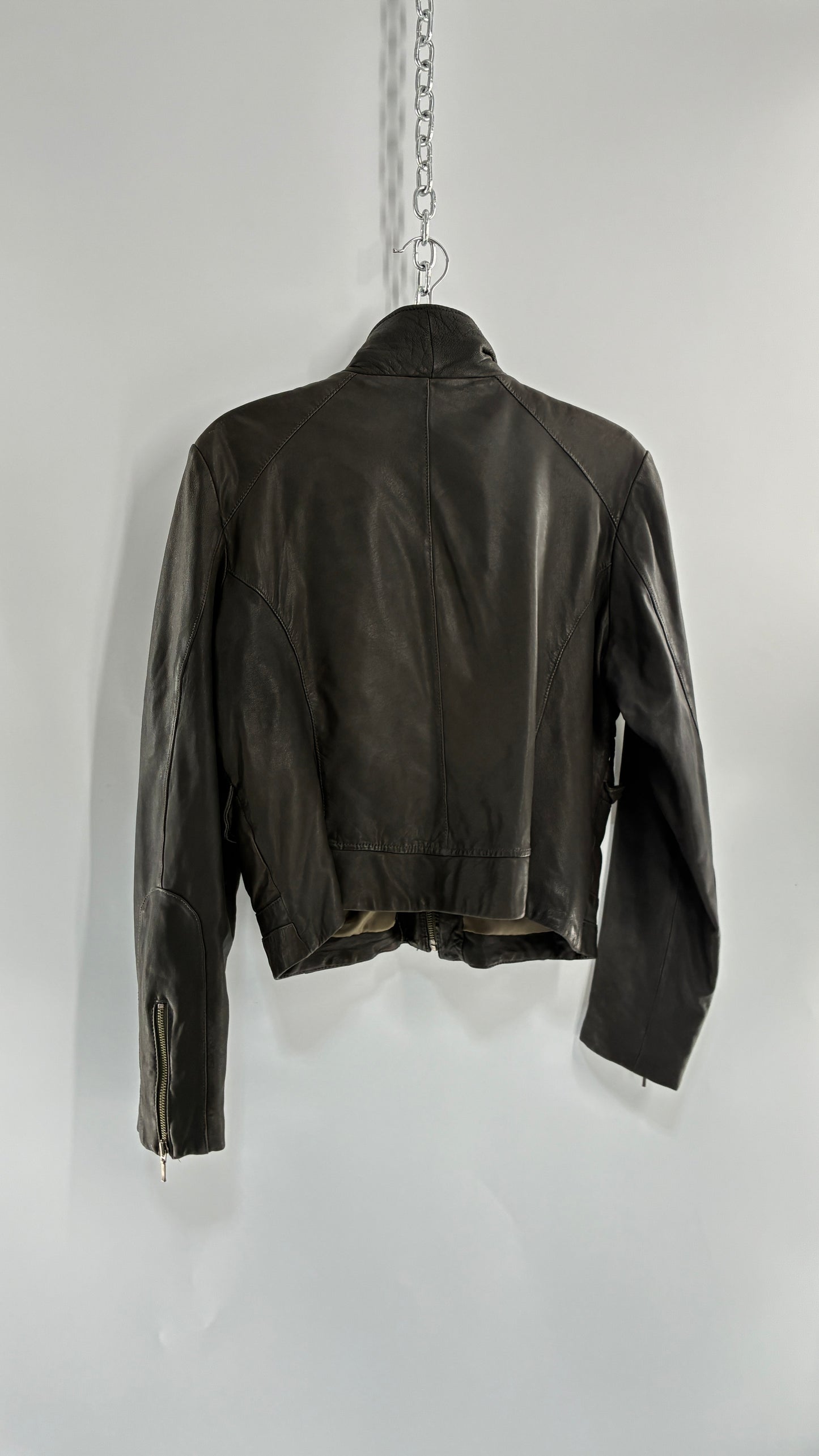 Vintage IDENTIFY Soft Genuine Leather Jacket with High Neck and Multi Pocket Details (Medium)