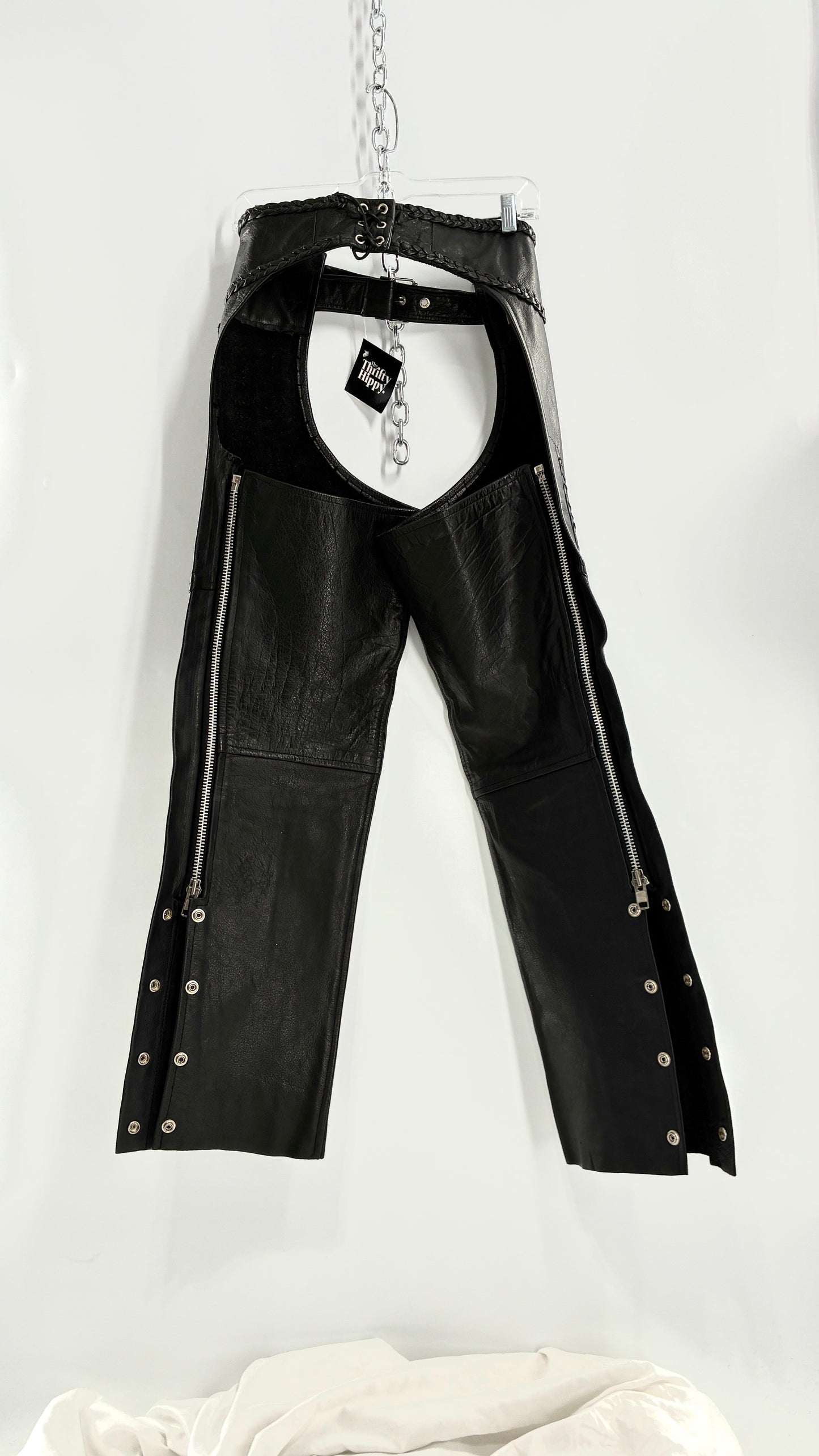 Vintage AMERICAN LEATHER Black Motorcycle Chaps/Pants with Mini Pocket, and Side Zipper Detailing (XS)