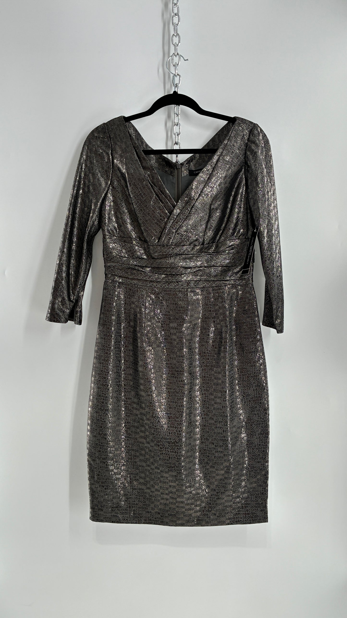 Vintage CARMEN MARC VALVO Metallic Liquid Silver Dress with Tags Attached (6)