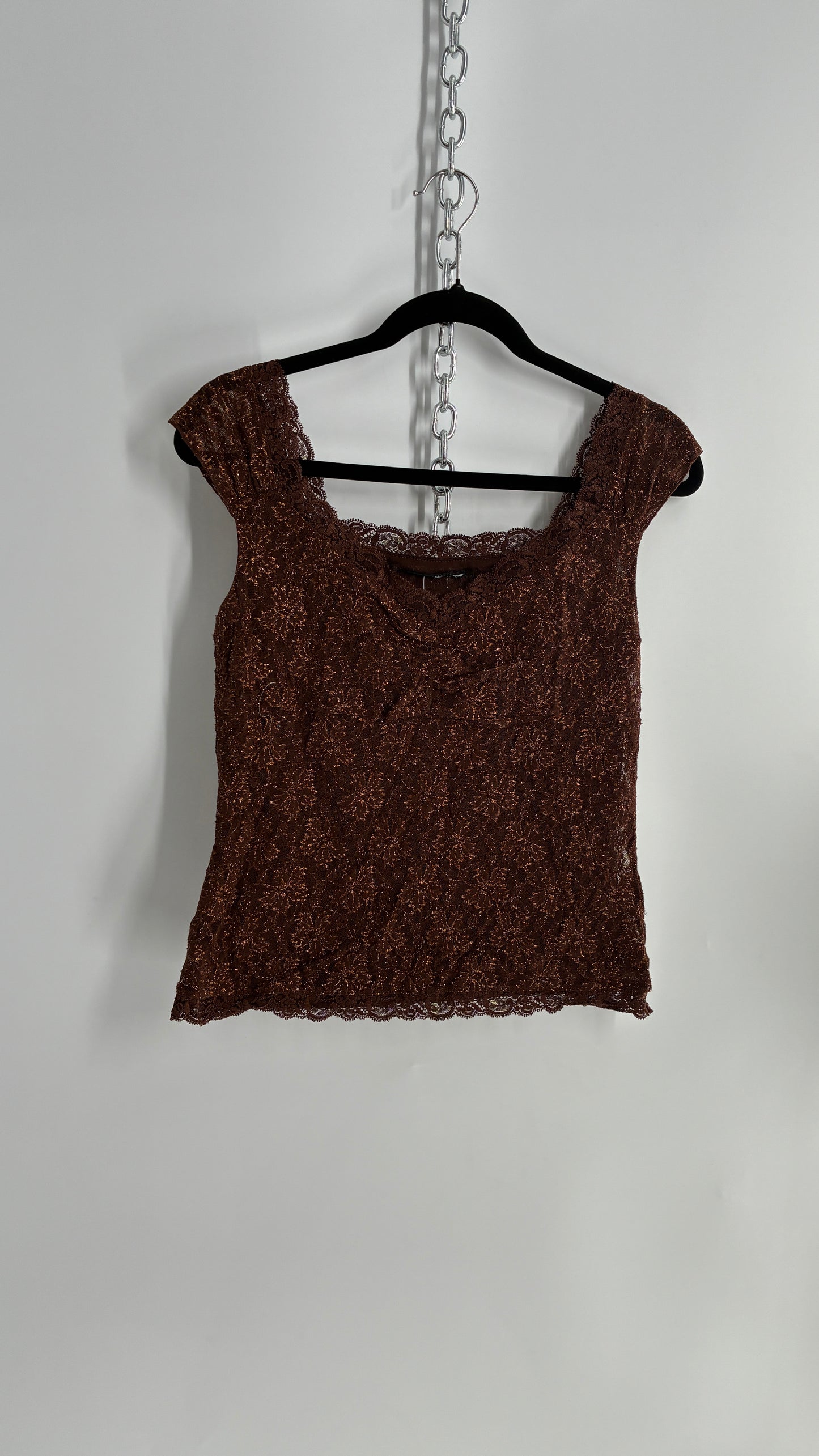 Vintage 1990s Brown Gold Tinsel Lace Straight Neckline Top (M)