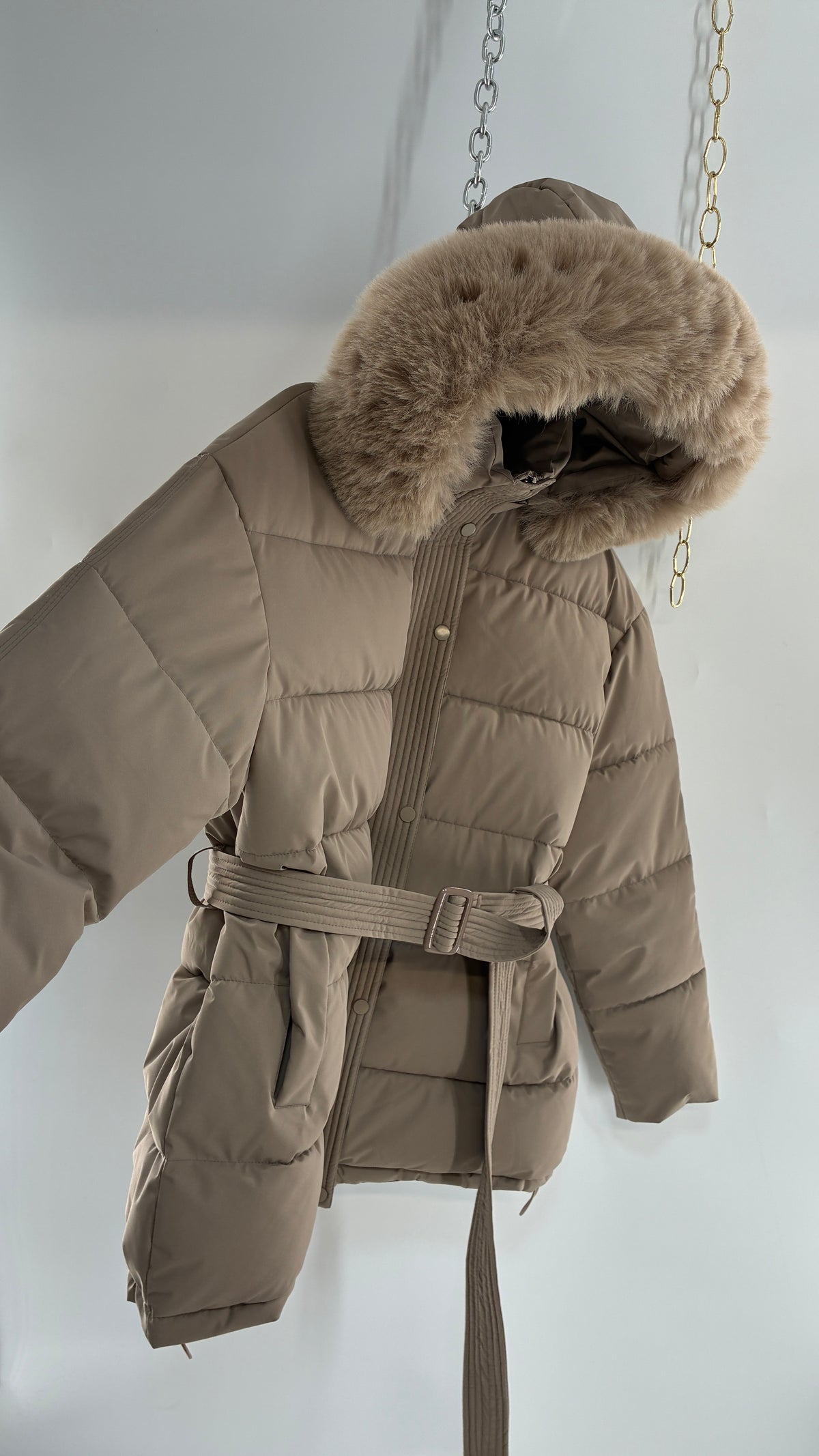 KATCH ME Taupe NWOT Bubble Coat with Exaggerated Vegan Fur Lined Hood NWOT (XL)