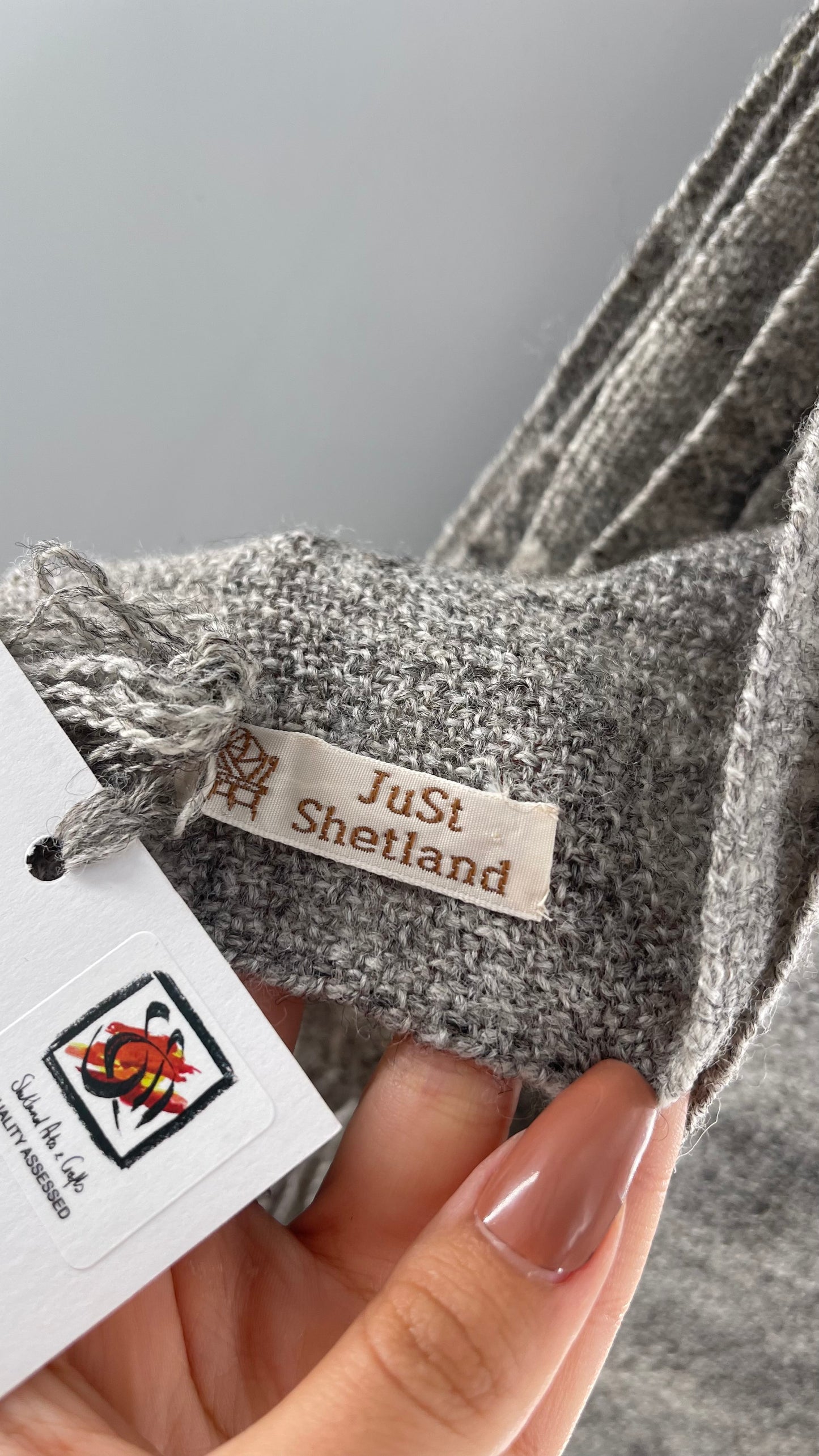 JuSt Shetland Handspun + Handwoven Shetland Yarn Julia Downing Nordus, Scousburgh Grey Woven Scarf