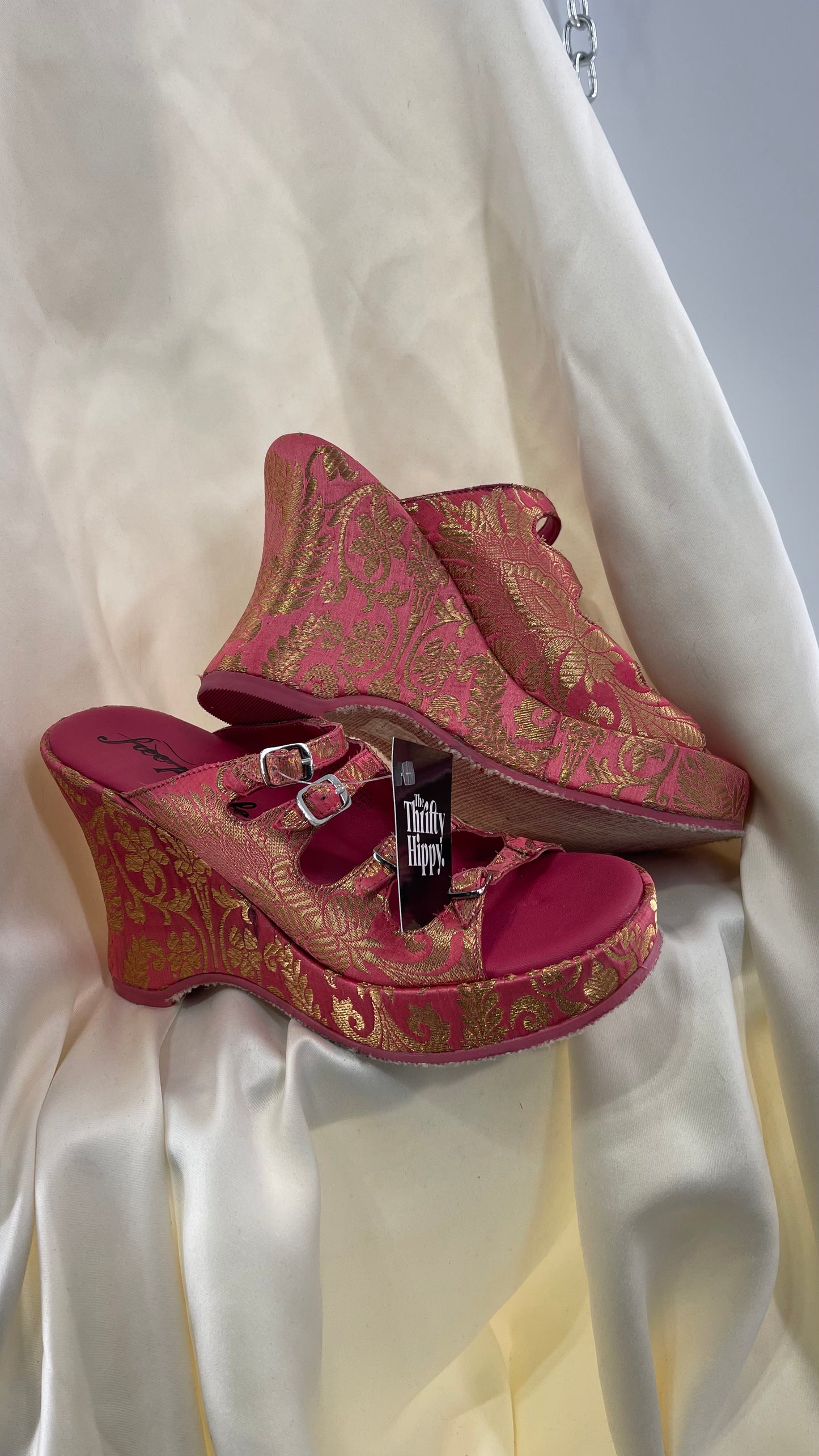 Free People Hot Pink Hoffman Buckle Front Wedge Heels with Satin Gold Paisley/Brocade Pattern (37)