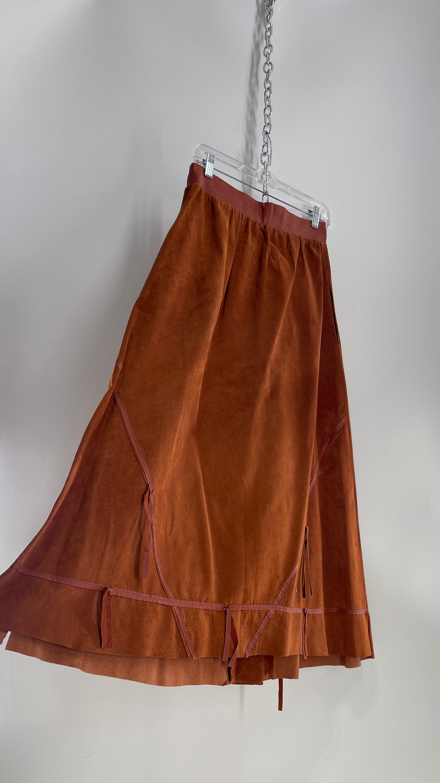 Vintage Toffs 1970s Burnt Orange Cognac Suede Leather Skirt with Tassels/Fringe and Oversized Metal Buttons (10)