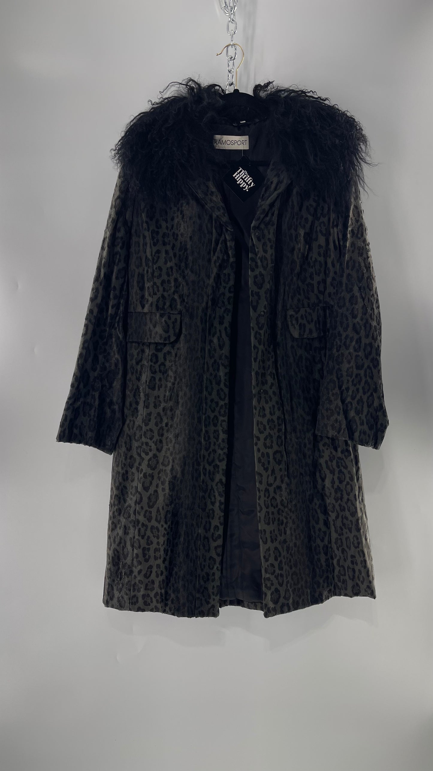 Vintage Romanian RAMOSTEPH Black/Gray Leopard Print Coat with Mongolian Fur Collar (Medium)