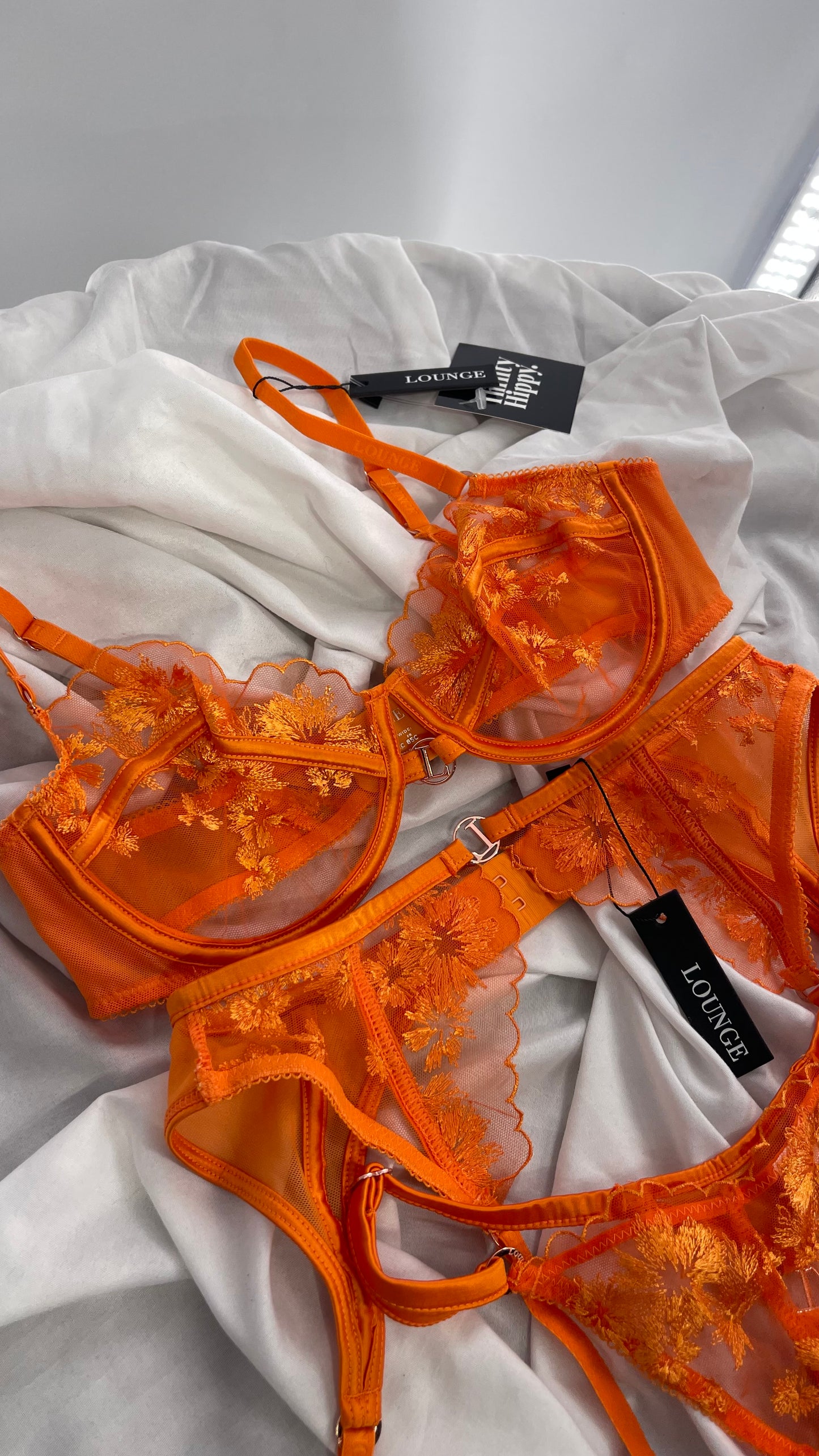 LOUNGE Orange Ava Bra, Garter and Panty Set with Tags Attached (32C, XS)