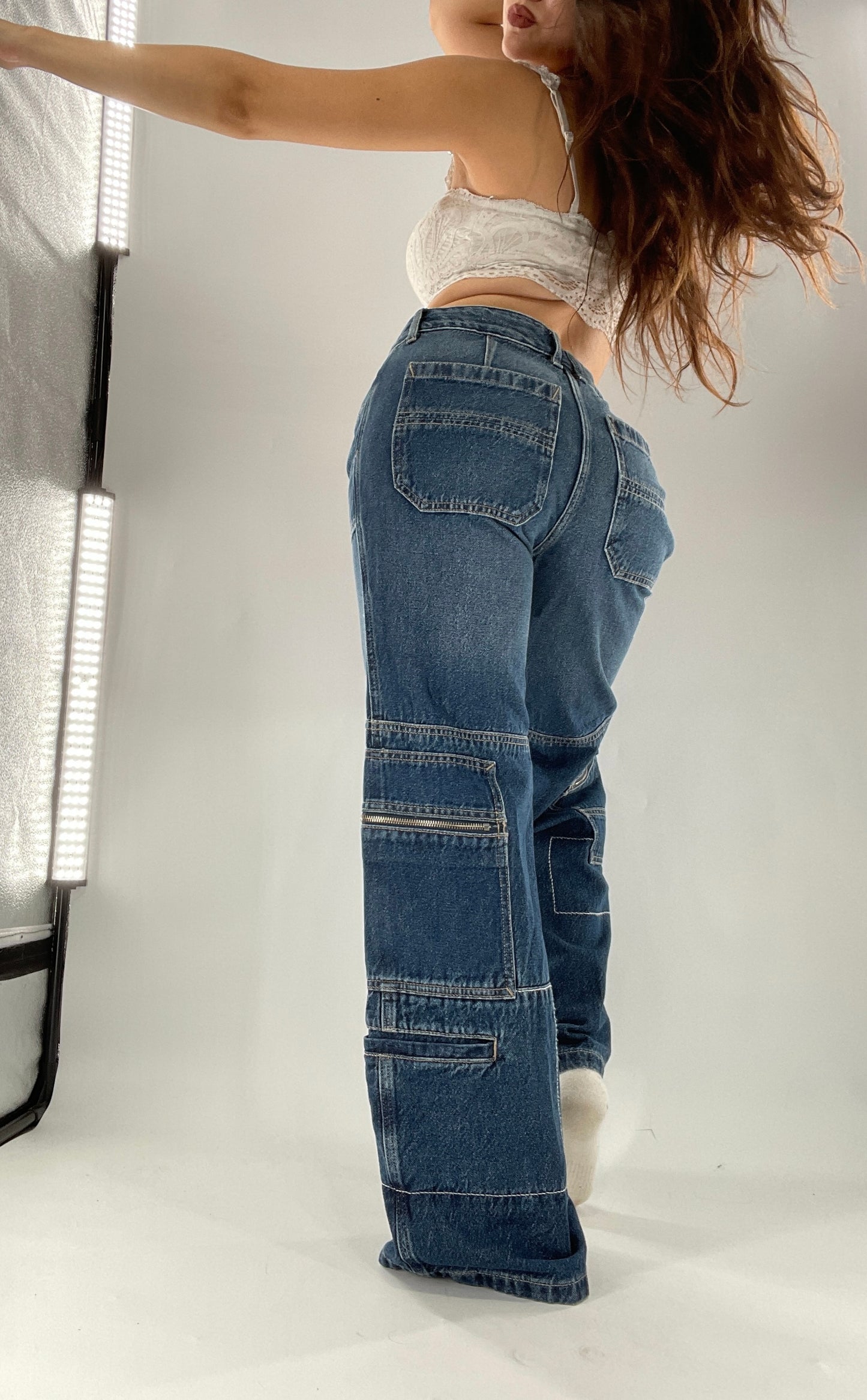 Free People Medium Wash Baggy Straight Legs Jeans Covered in Zippers, Pockets, Stitching (28)