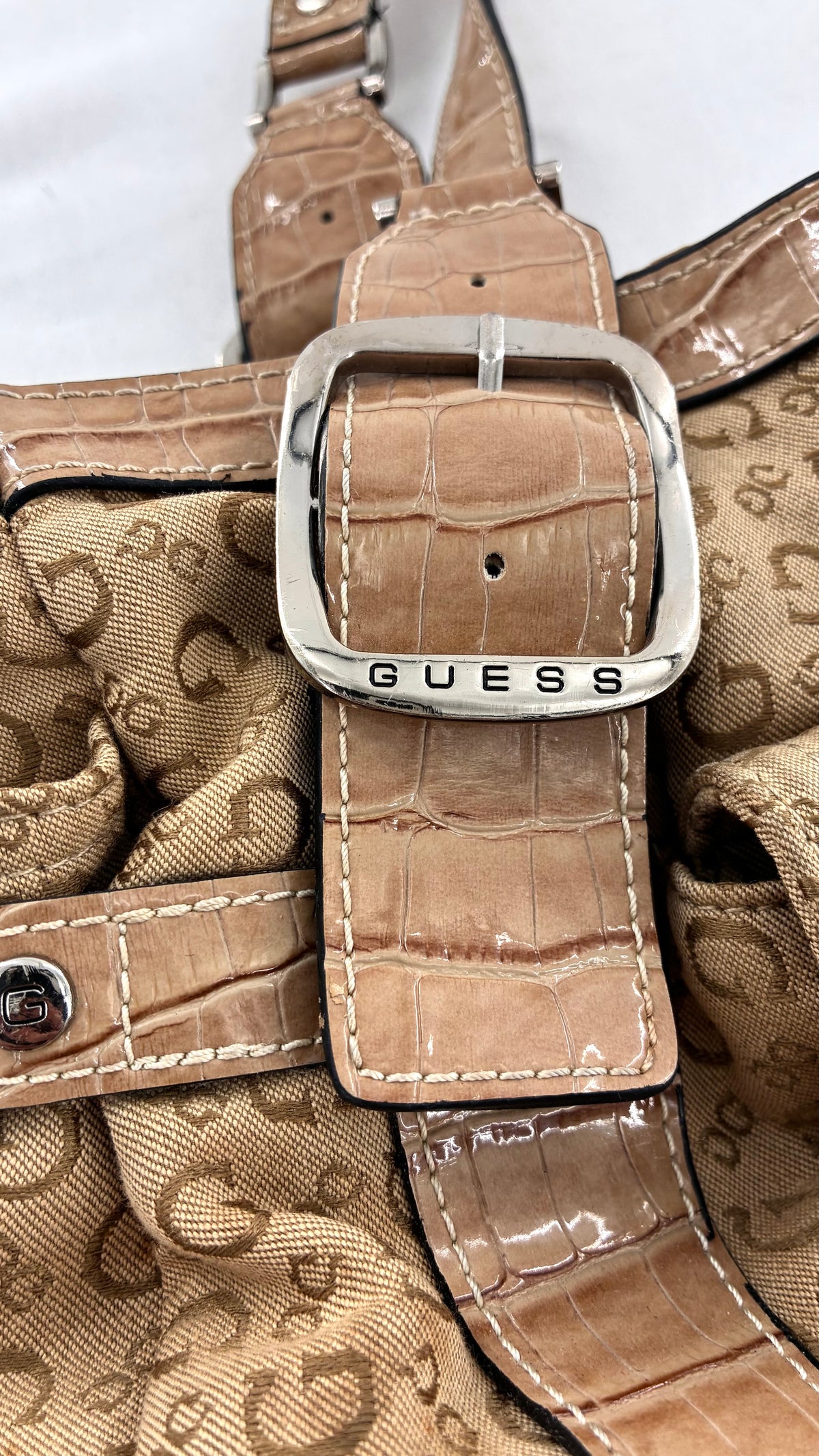 Vintage Guess Tan Monogram Shoulder Bag With Croc-Embossed Trim