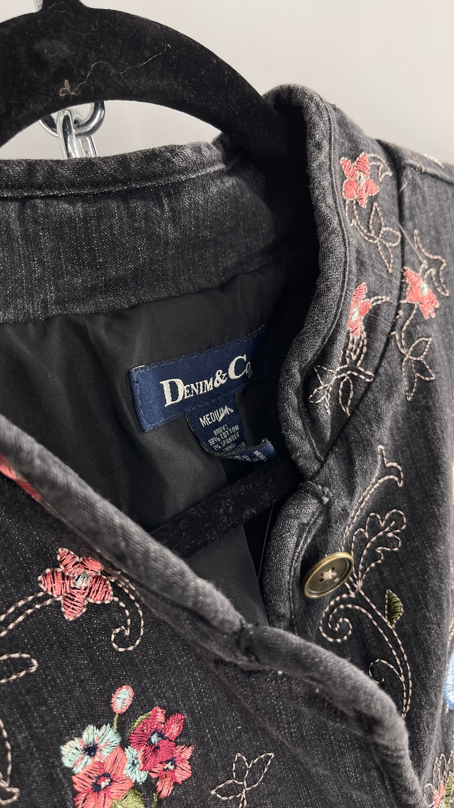 Vintage Gray Denim&Co Jacket Covered in Embroidered Florals (Medium)