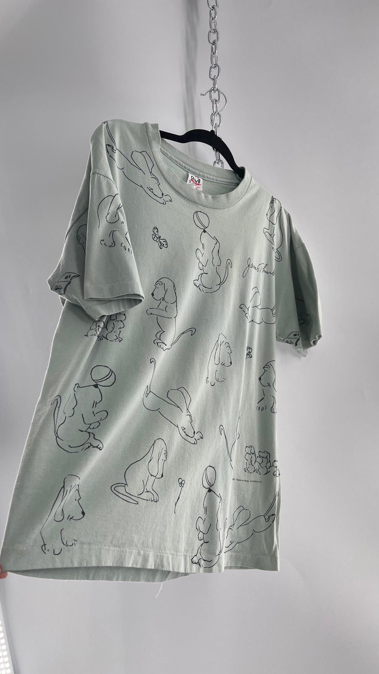 Vintage James Thurber Light Sage Nostalgic Puppy Doodle Comic Sketch T Shirt (XL)