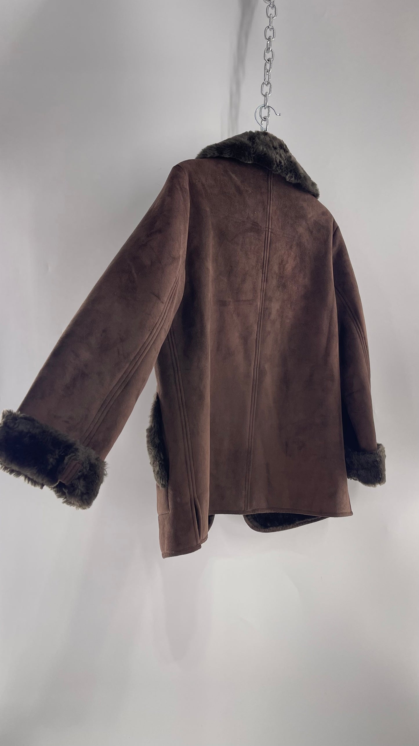 Vintage Brown Faux Suede Jacket with Faux Fur Cuffs and Collar (XS)