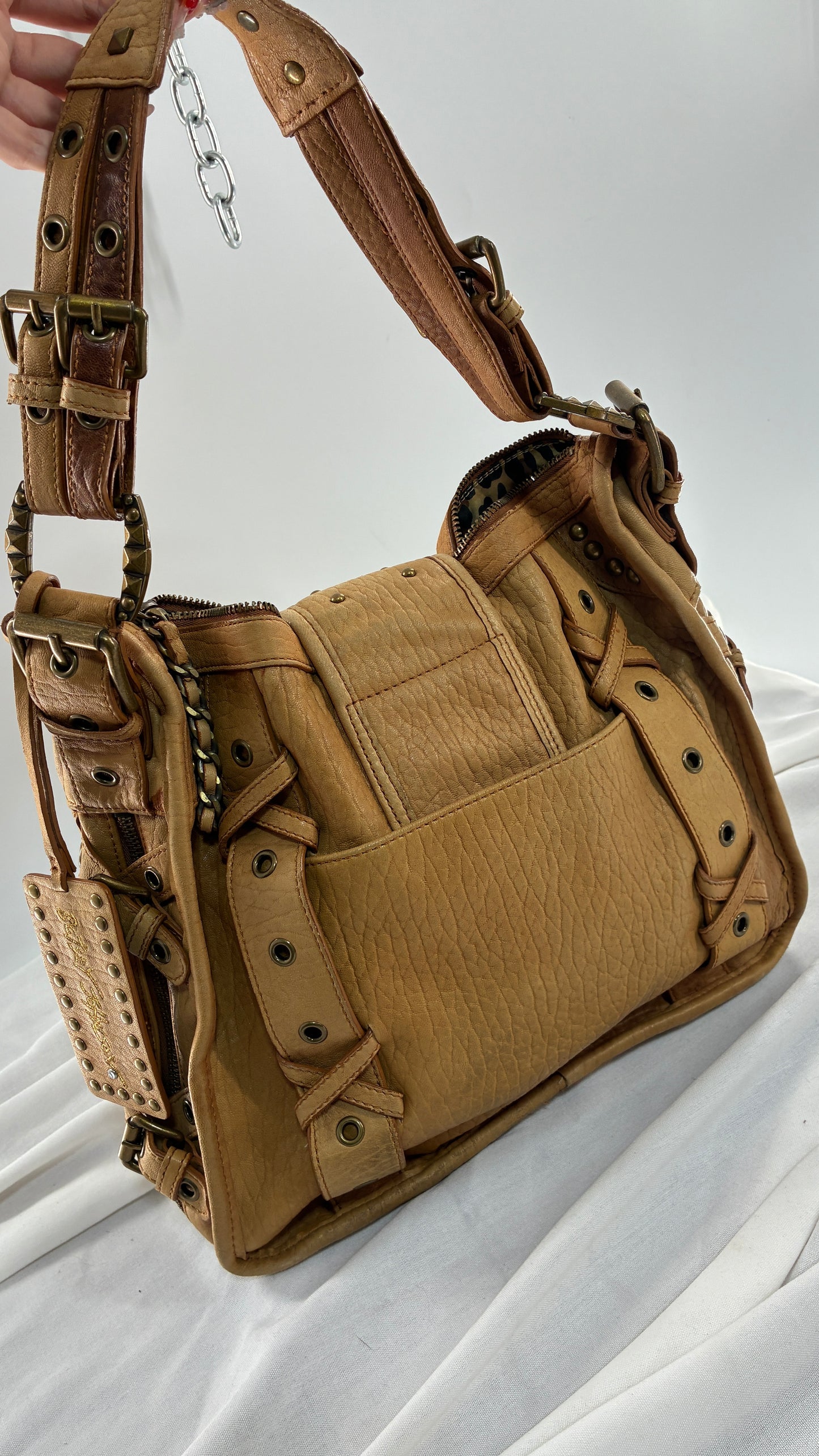 Rare Vintage BETSEY JOHNSON Heavy Leather, Oversized Shoulder Bag with Leopard Lining