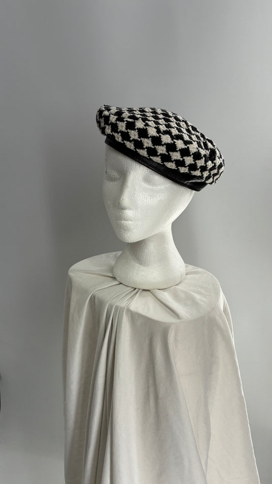 Black and White Knit Houndstooth Beret with Vegan Leather Band
