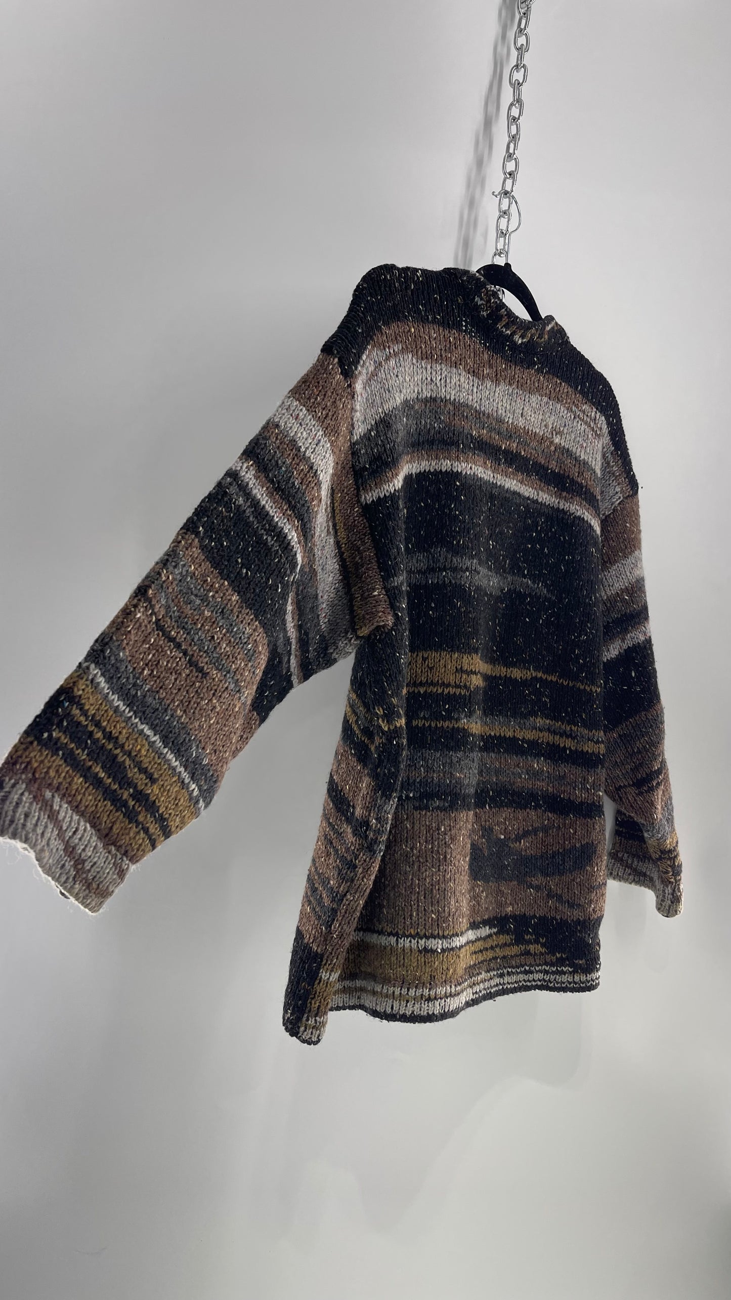 Siochain Knitted in Co Wicklow Ireland Brown Gray Black Brown Stripes Thick Sweater (Large)