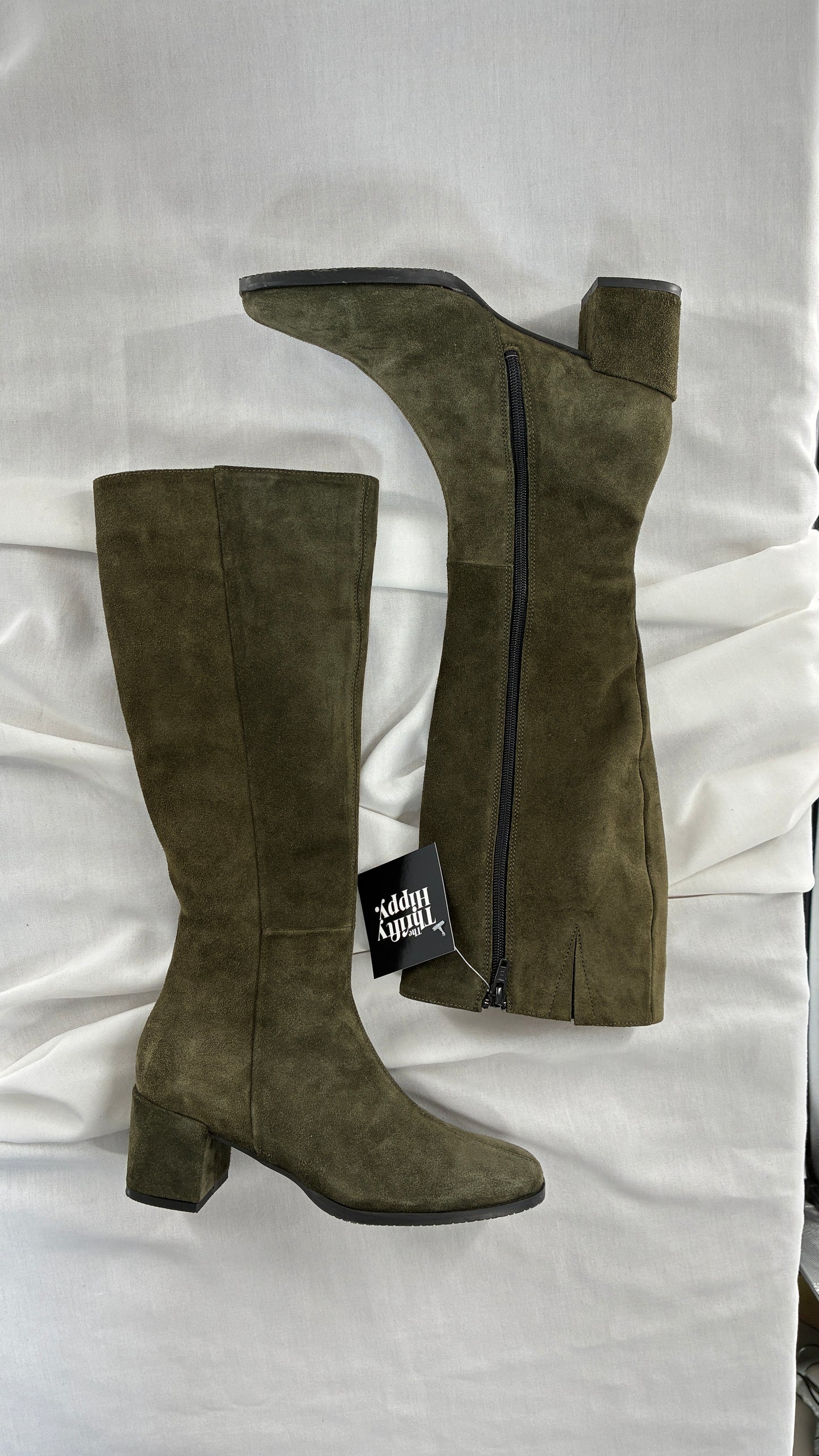 Vintage ERIC MICHAEL Olive Green Suede Boots Square Toe Knee High Boots (36)