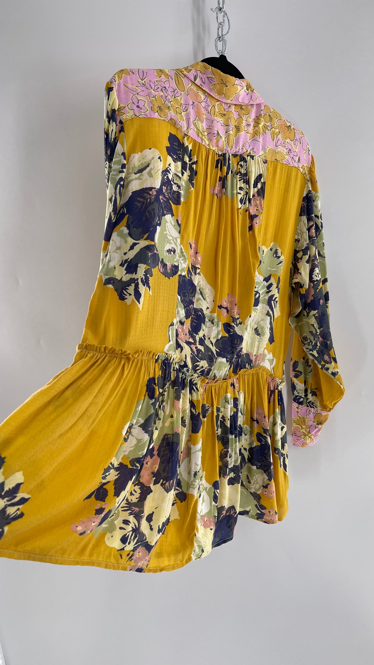 Free People Oversized Button Up Contrast Pattern Yellow Floral Blouse (XS)