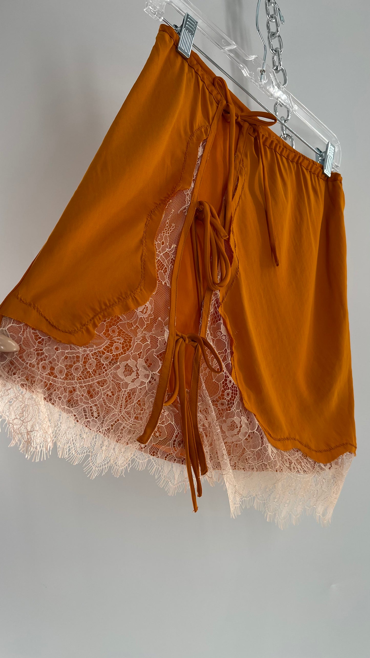 Free People Orange Lace Trim Silky Mini Skirt (Medium)