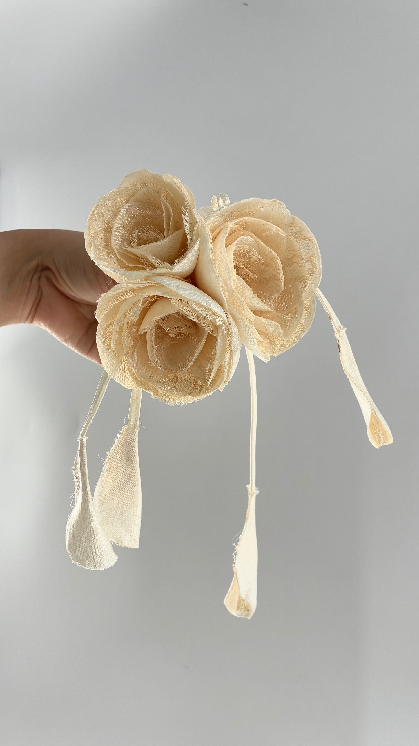 Vintage Brooch Pin: Oversized Rosette Cluster of Handmade Off White Satin and Lace Flowers with Pearl Center