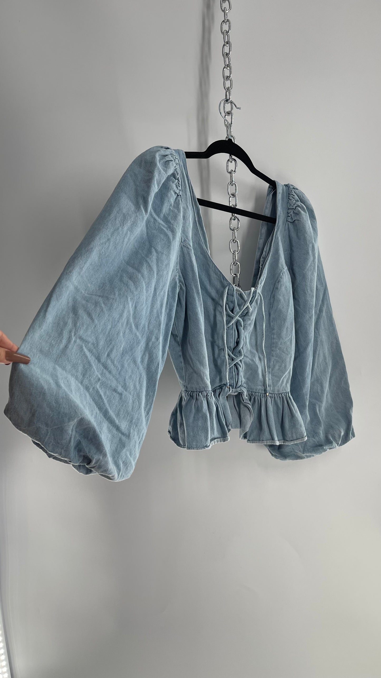 Love the Label Light Wash Denim Puff Sleeve, Ruffled Waist, Tie Bust Blouse (Large)