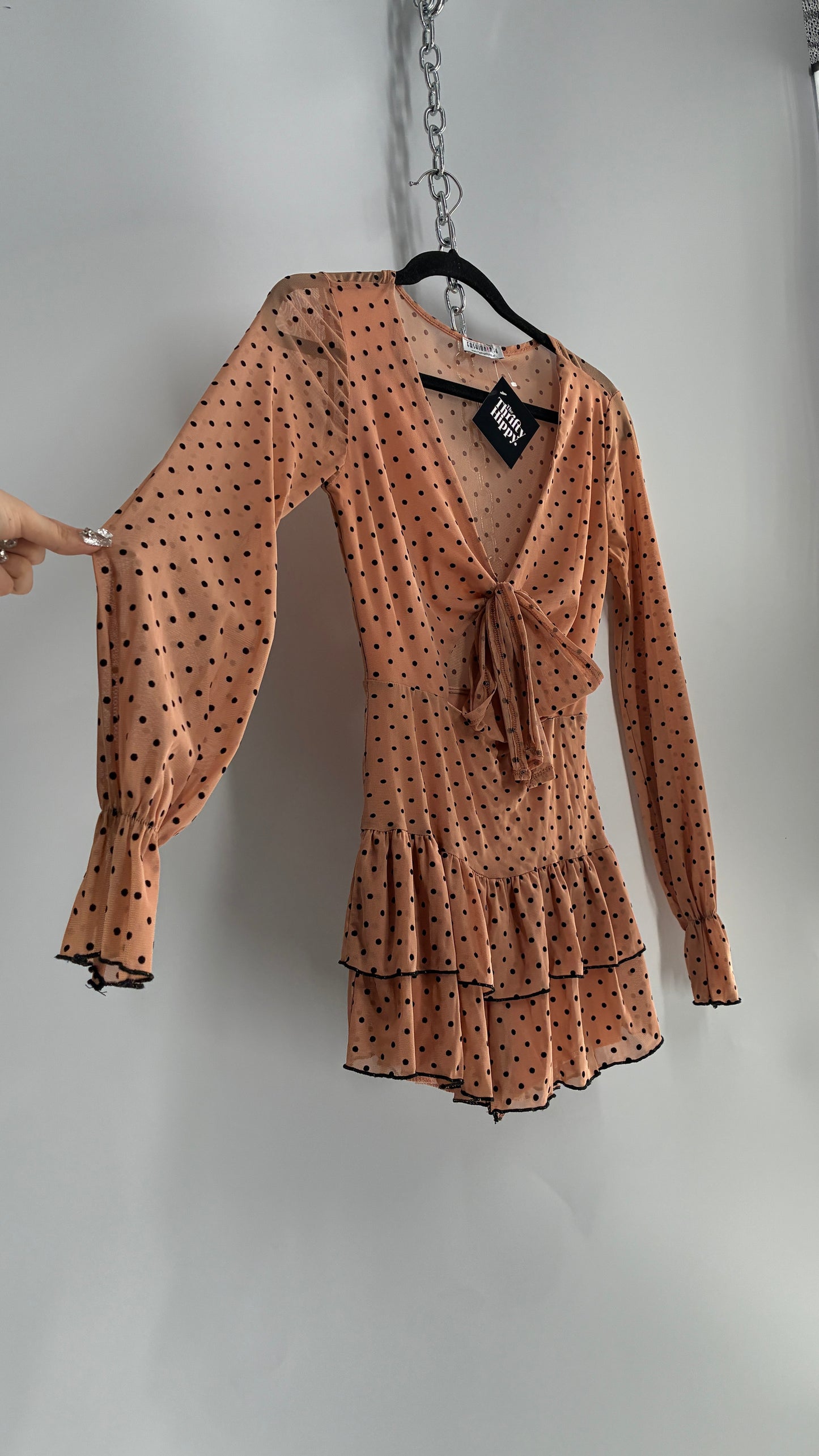 Fashion Nova Tan/Apricot Balloon Sleeve Romper with Ruffled Shorts and Cut Out, Tie Front Bust (Small)