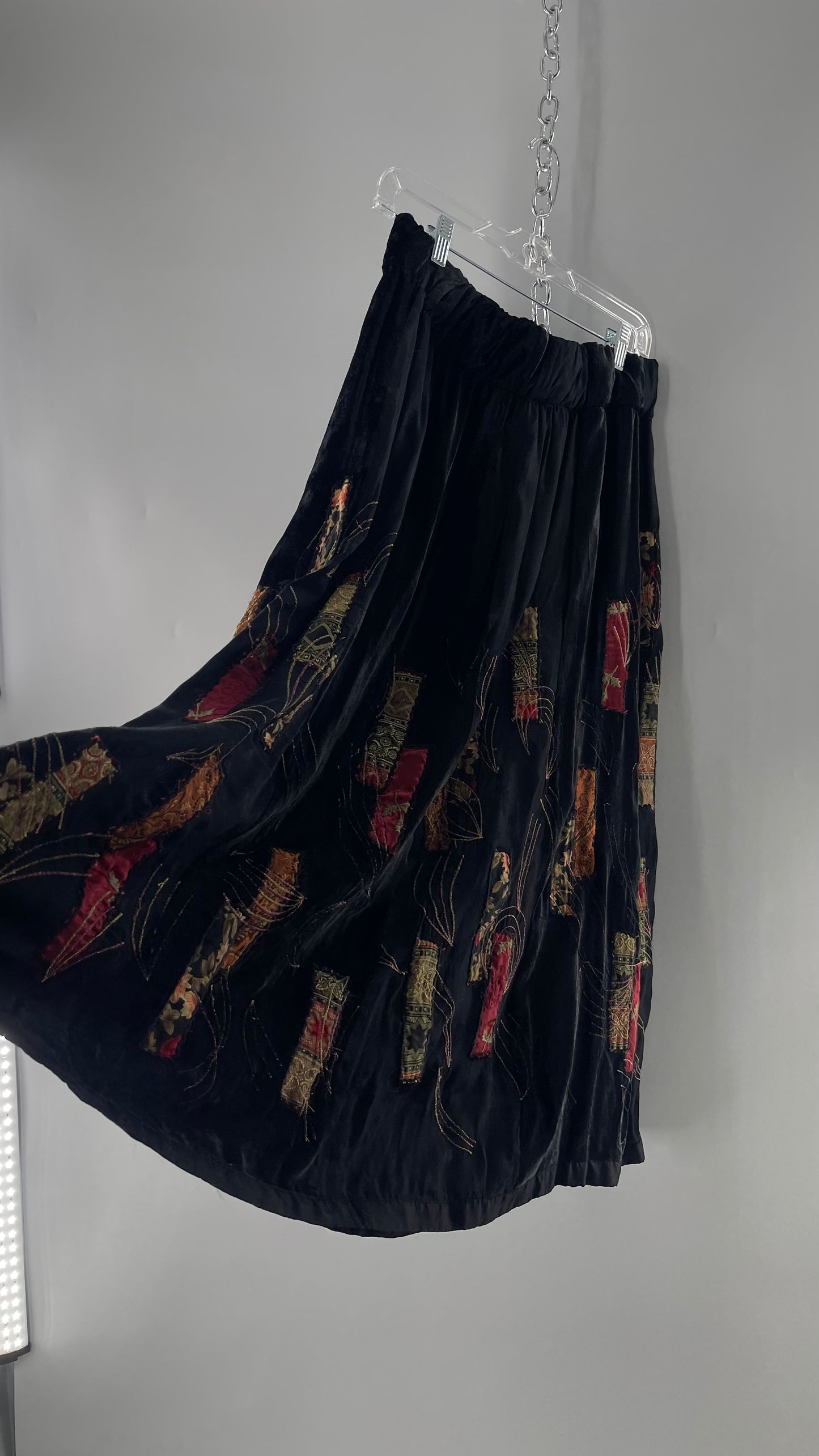 Vintage Black Velvet and Embossed Florals Patchwork Skirt with Metallic Stitch Detailing with Lining and Thick Waistline (M)