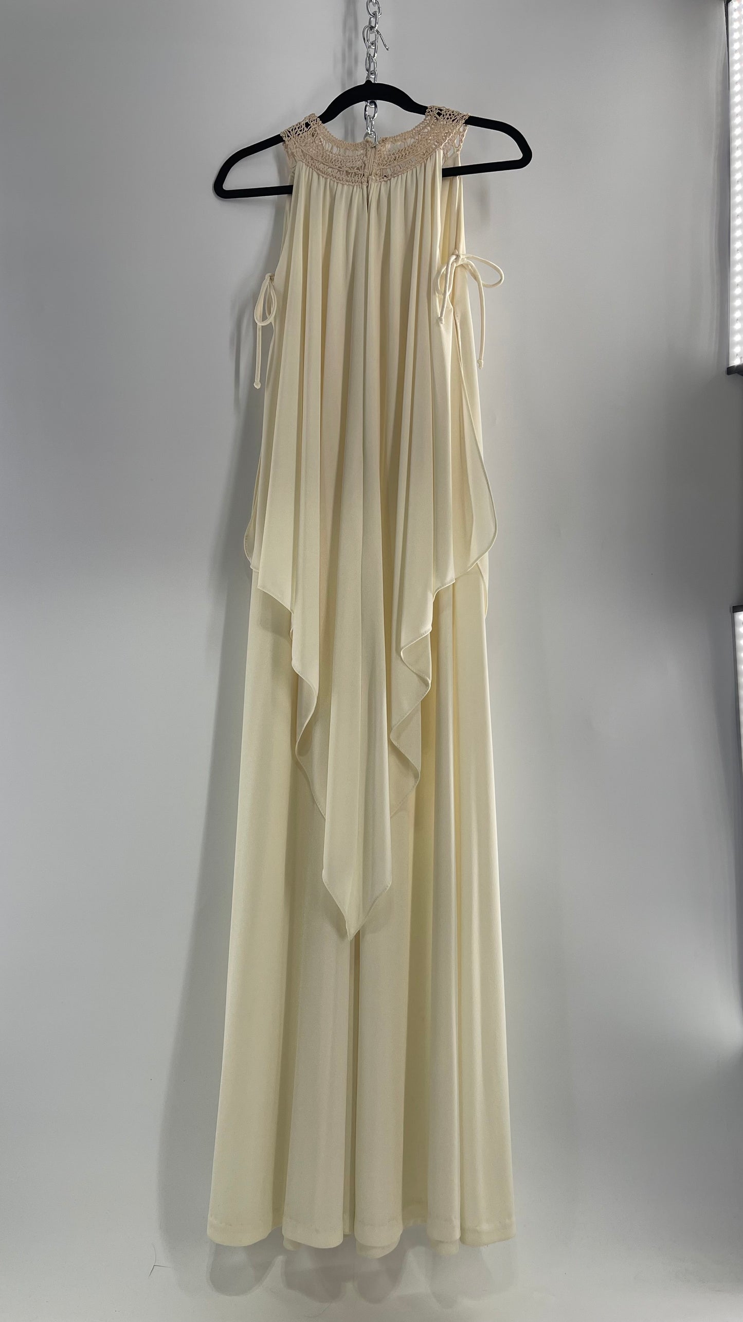 Vintage 1970s Off White Hand Made Goddess Gown with Draping Details, Tie Underarm, Pleated Body and Crochet/Macrame Neckline Detail (XS/S)