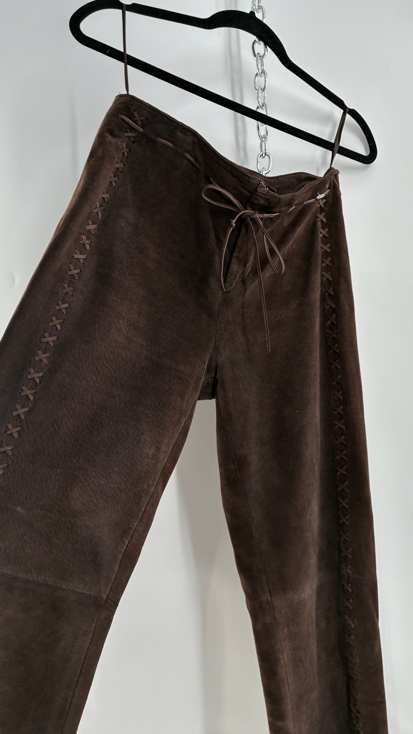 Vintage FOR JOSEPH Low Rise, Chocolate Brown Suede Pants with Leather Stitch Sides and Bow Closure (28)
