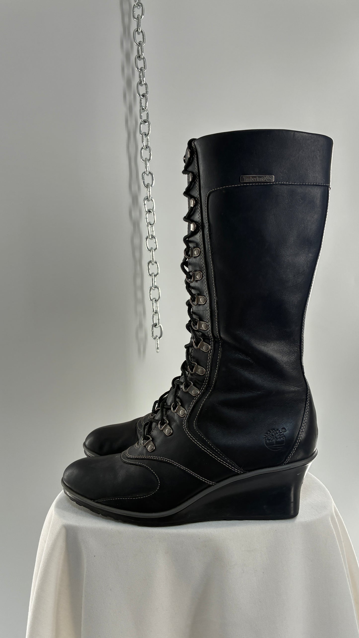 Vintage TIMBERLAND Black Genuine Leather Wedge Boots (10)