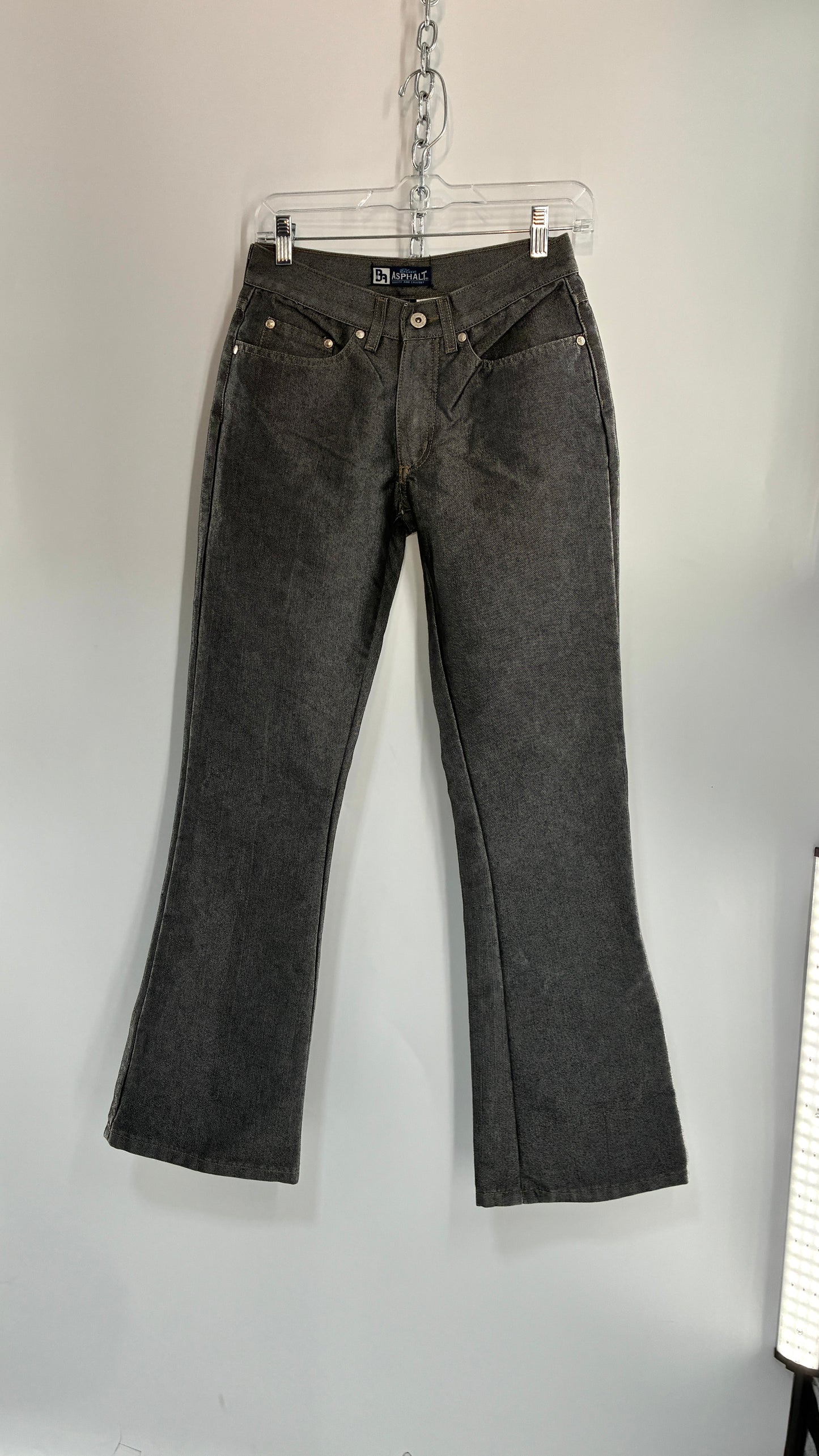 Vintage BLUE ASPHALT Metallic Silver Grey Denim Low Rise Kick Flares (5)