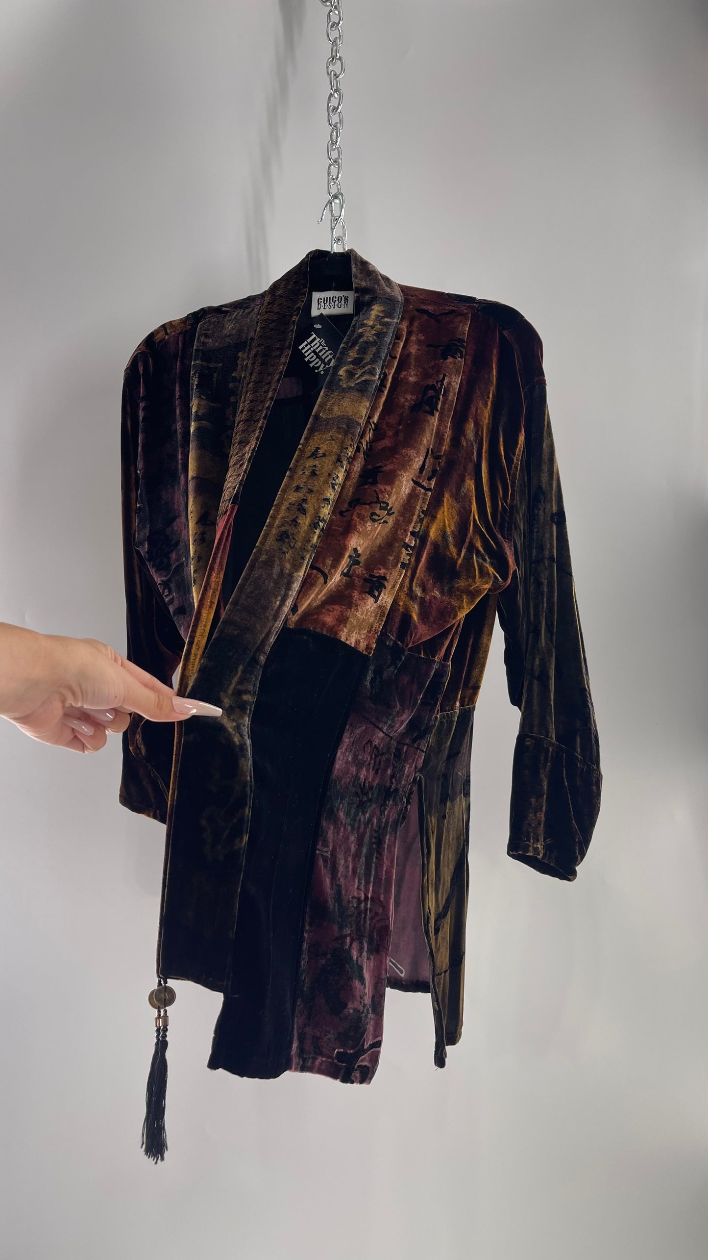 Vintage CHICOS Patchwork Burn Out Velvet Cardigan with Tassel Details