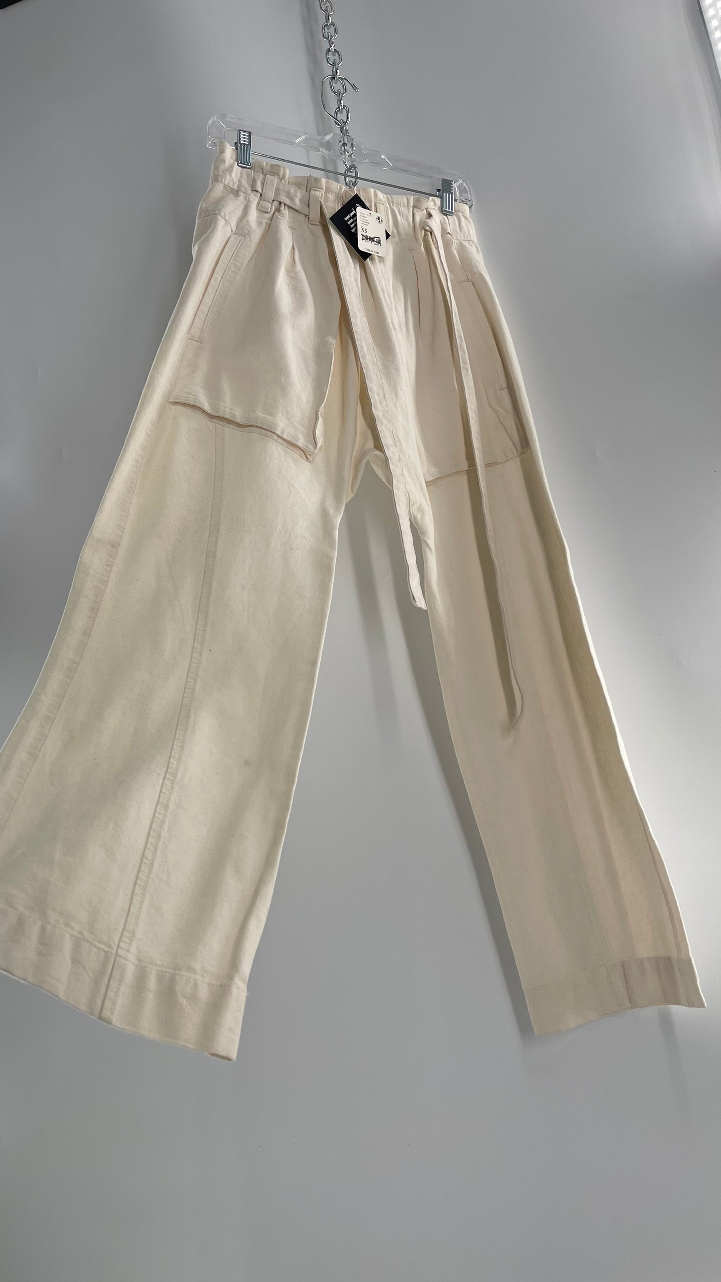 Free People Cream Color Canvas Belted Pants with Oversized Pockets and Tags Attached (XS)