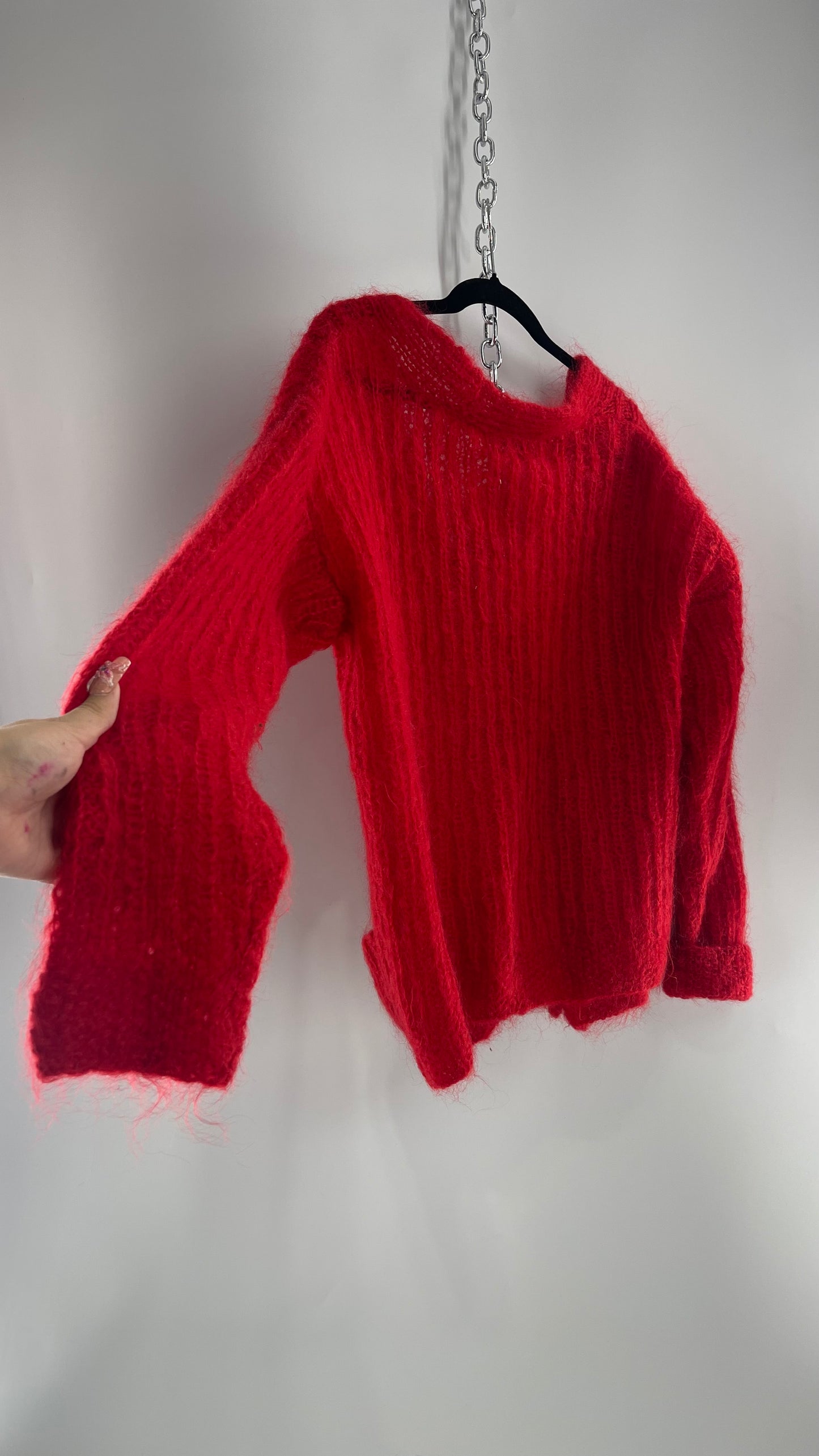 Saks Fifth Avenue Red Wool Knit Sweater with Embossed Bronze Buttons (M/L)