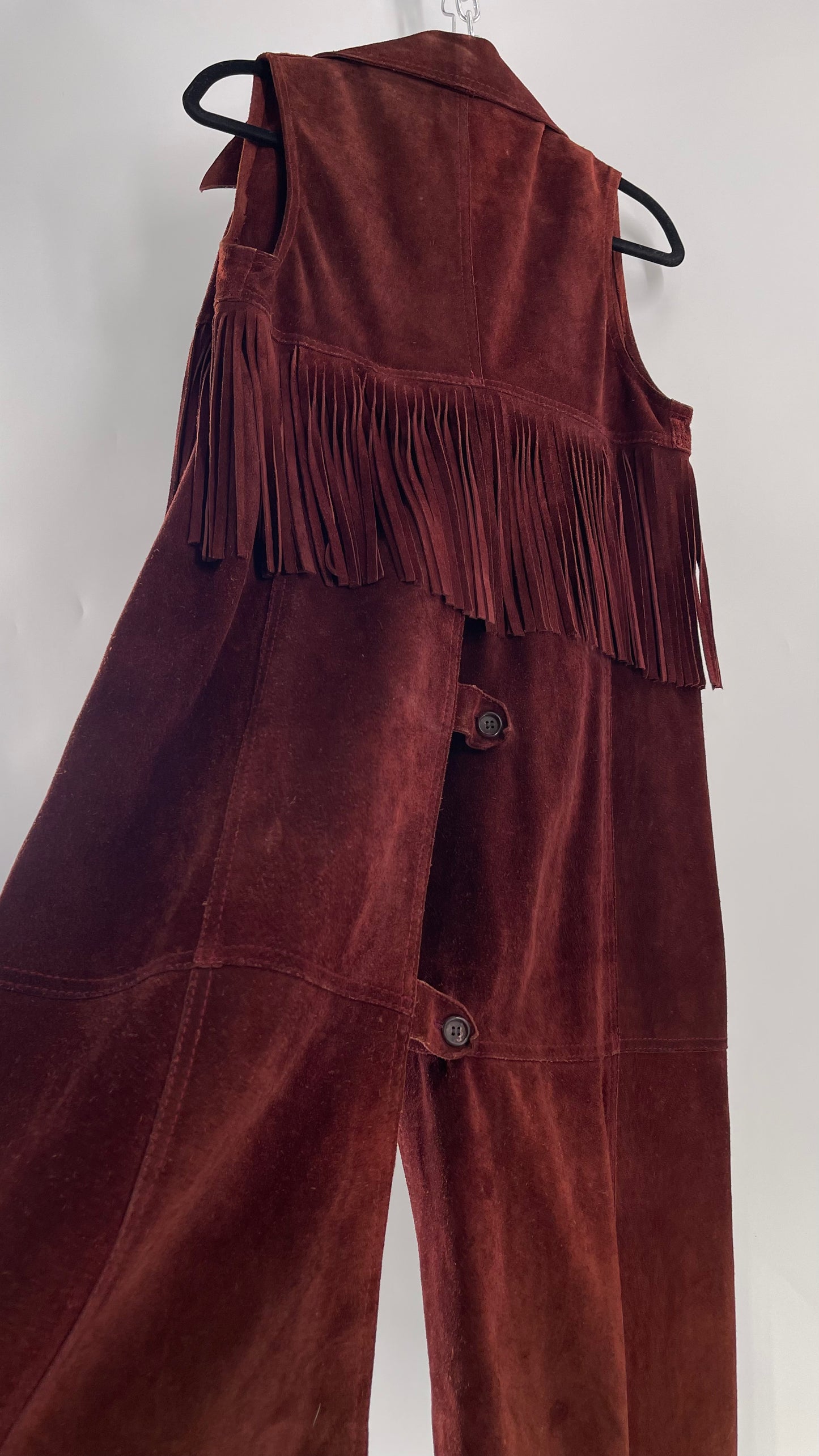 Vintage 1970s Suede Leather Full Length Reddish Brown Vest (S/M)