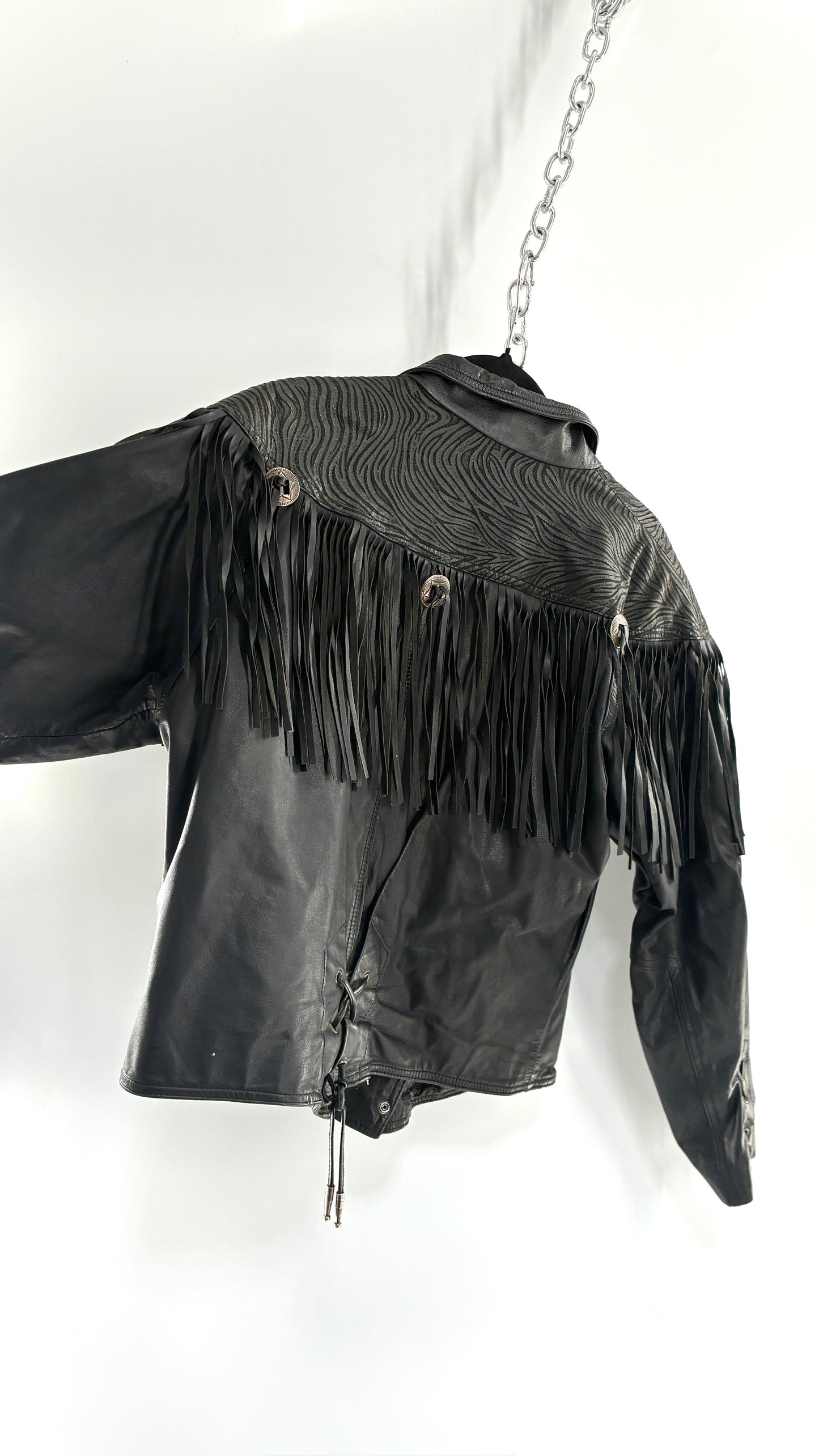 Vintage BERMAN’S Black Genuine Leather Fringe Motorcycle Jacket with Tie Up Cuffs (Large)