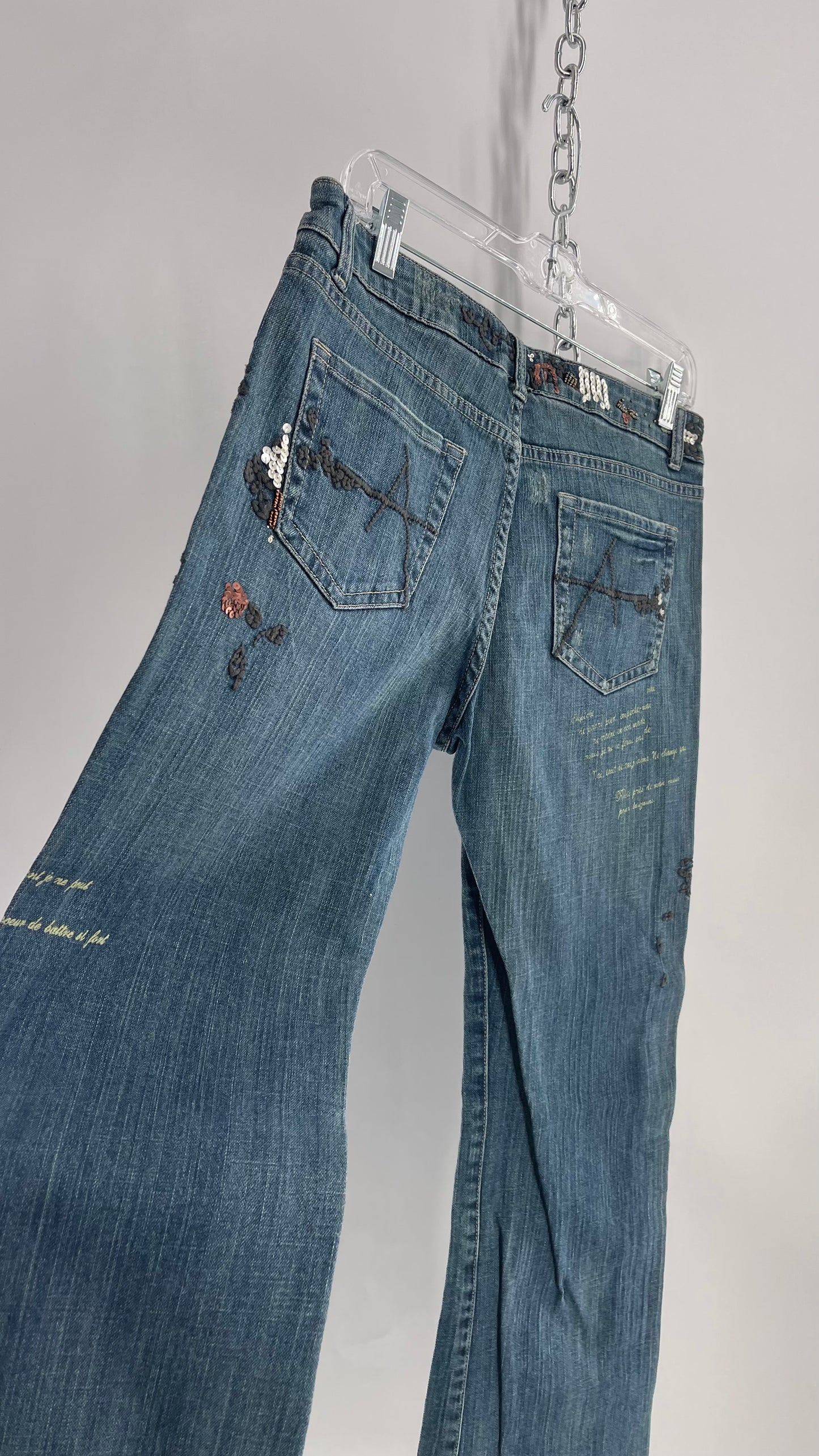 Vintage 1990s American Exchange Embroidered, Beaded Jeans with Distressing and Fade (30)