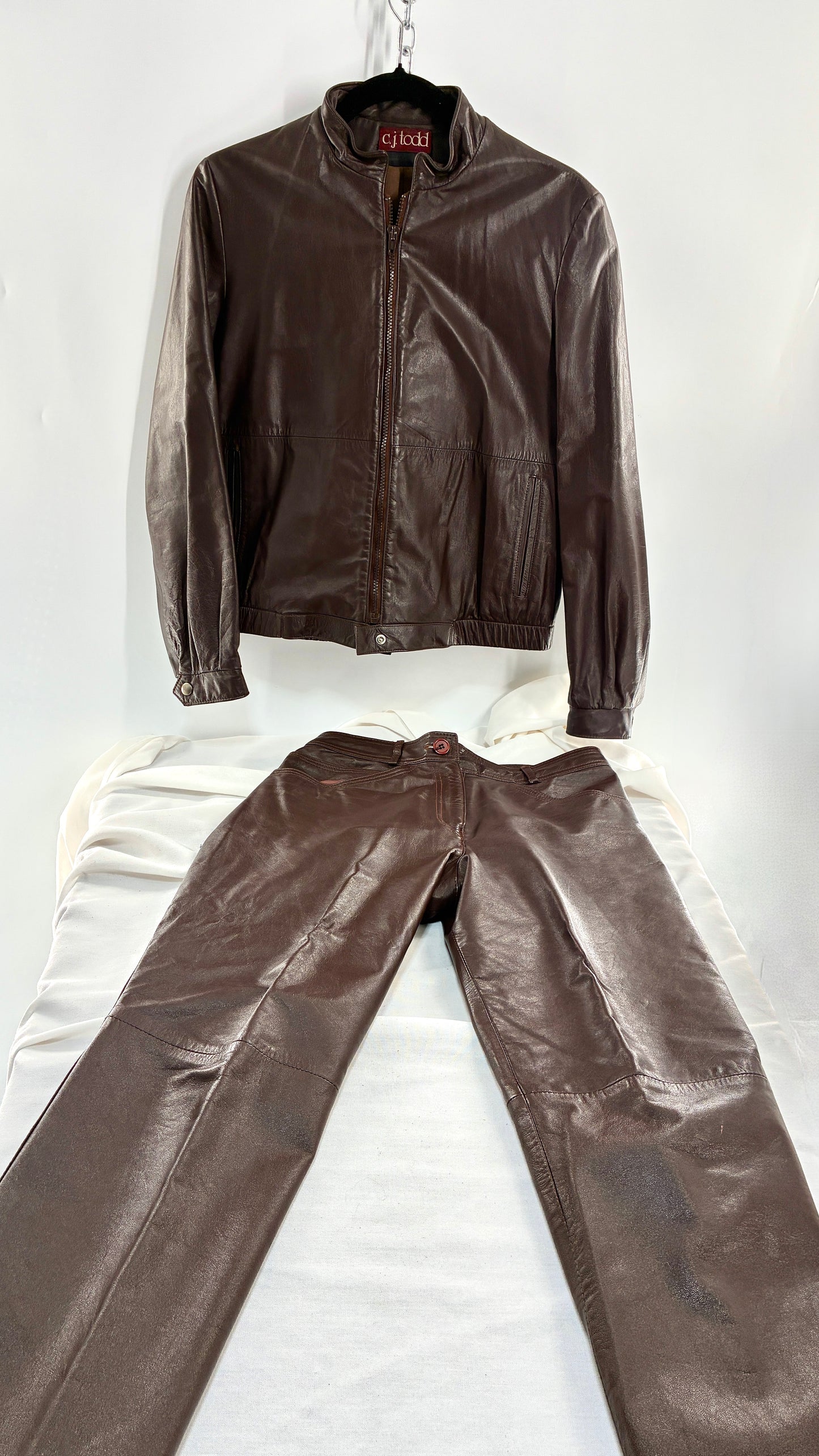 Vintage JORDACHE X CJ TODD Chocolate Brown Genuine Leather Trouser Moto Jacket Set (Small)