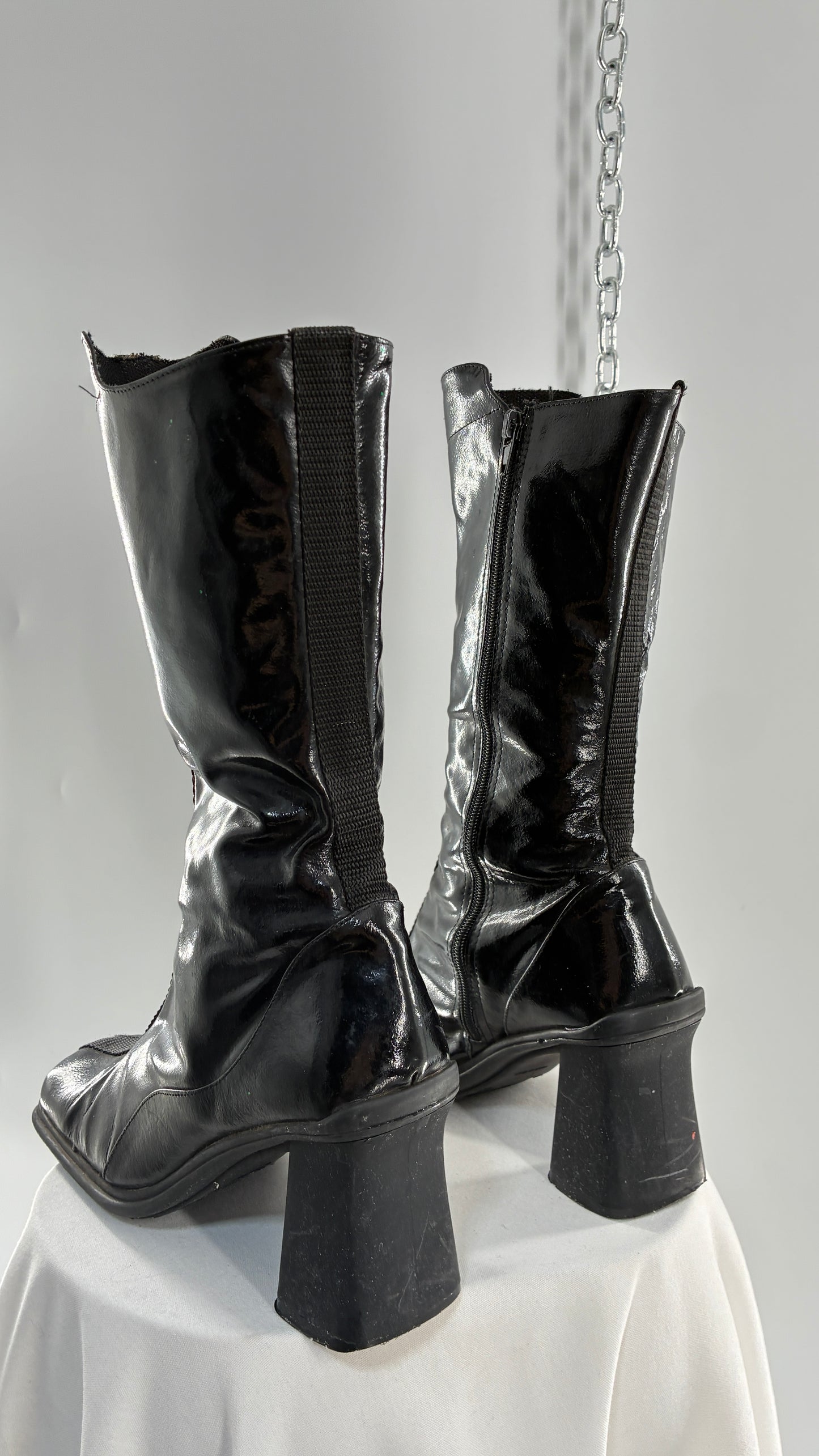 Vintage Black Patent Vinyl Boots with Square Toe and Block Heel with High, Low Calf (40)