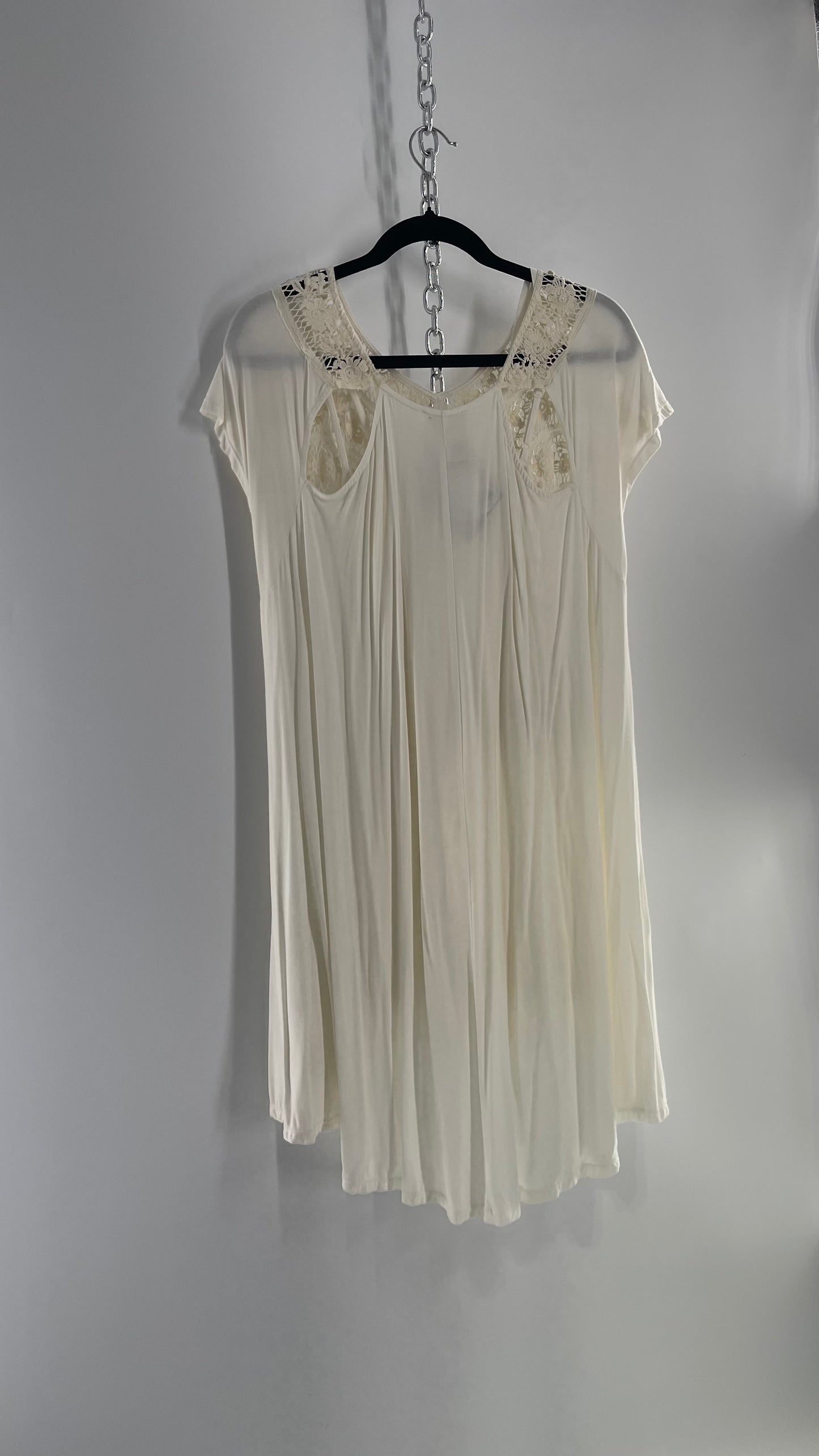 Free People Off White Voluminous Jersey Knit Dress with Lace Detailing (XS)